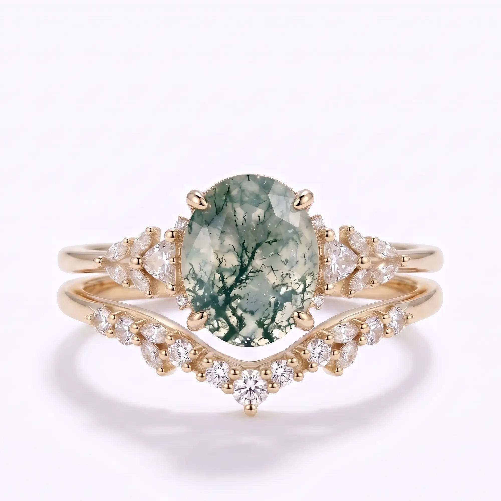 Oval moss agate cluster bridal ring set with curved moissanite wedding band in gold