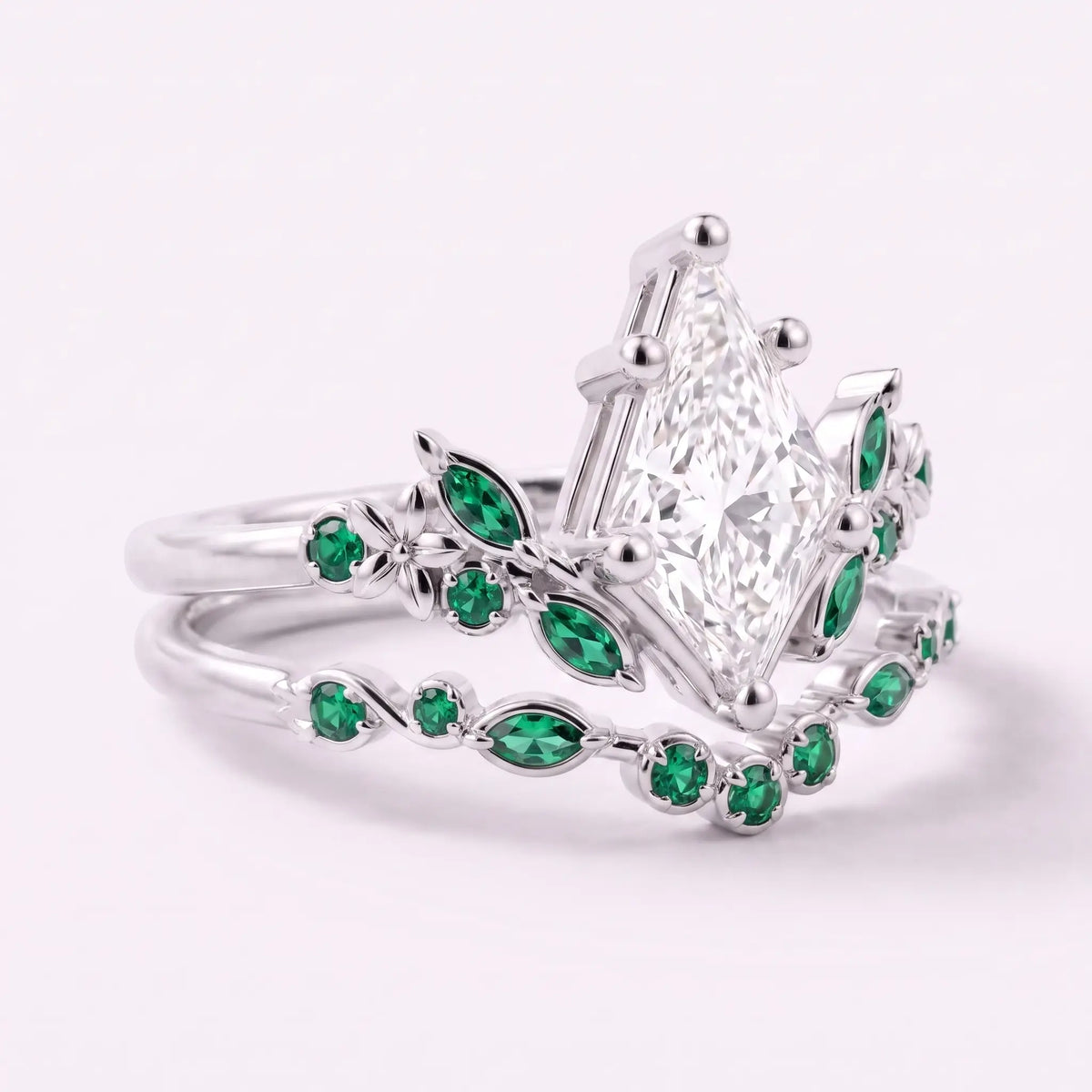 Side view of moissanite floral ring set showing layered white gold band design
