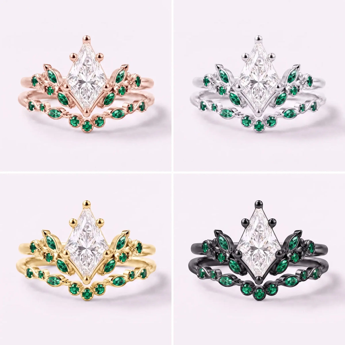 Moissanite floral bridal ring set shown in black gold, white gold, rose gold, and yellow gold