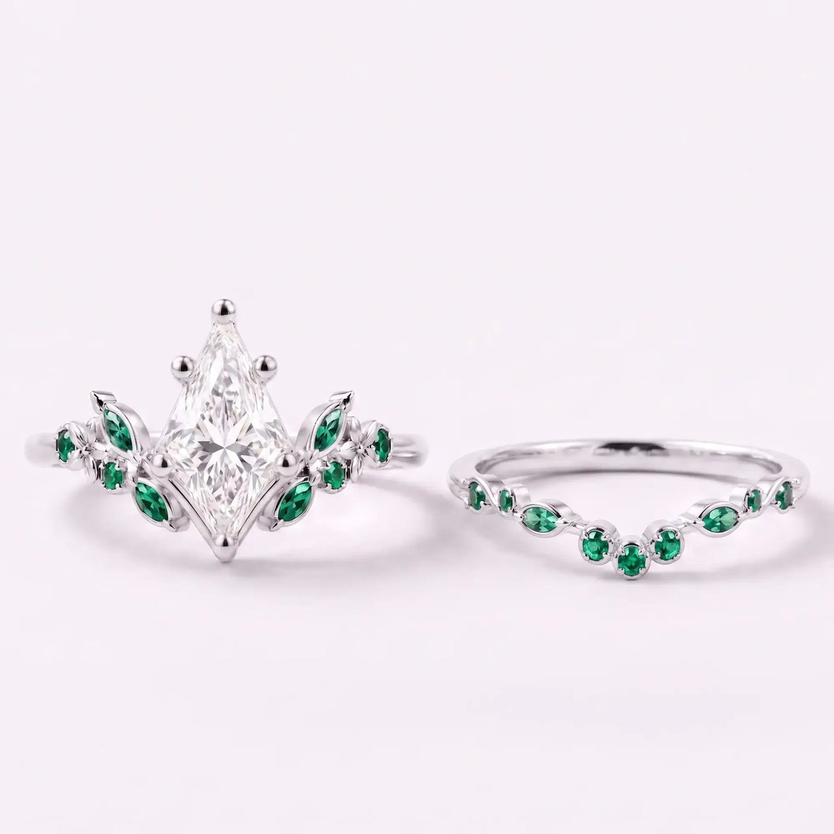Moissanite engagement ring and emerald matching band displayed separately in one frame