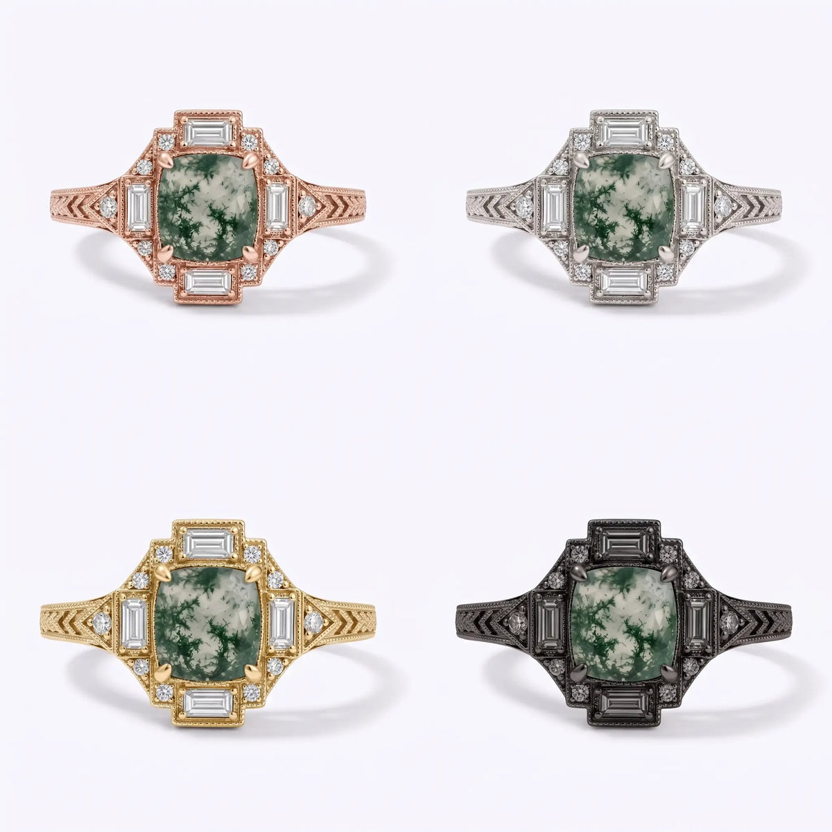 Vintage moss agate Art Deco halo ring available in yellow gold white gold rose gold and black gold