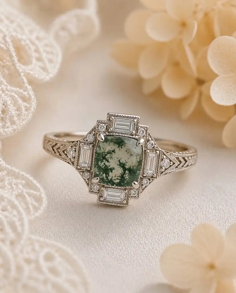 Chevron shoulder and milgrain band detail on cushion moss agate Art Deco ring