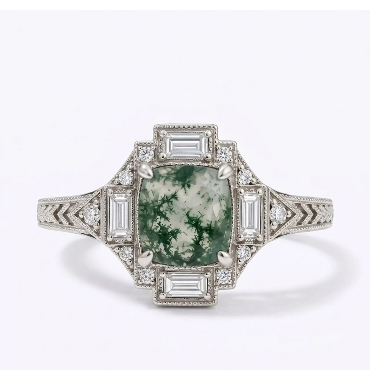 Vintage cushion cut moss agate Art Deco halo engagement ring with baguette and round moissanite accents in white gold