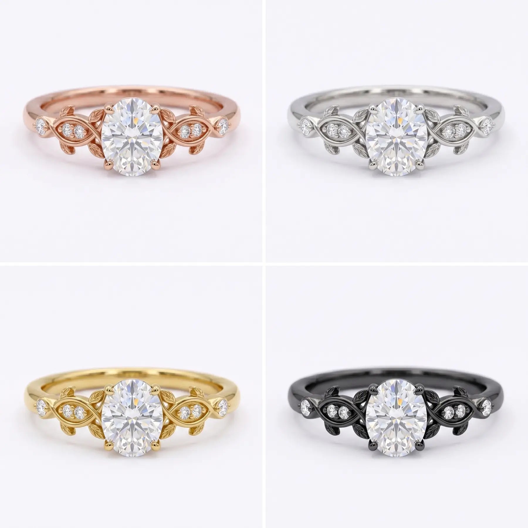 Front view matrix of Vespera oval moissanite branch ring in black gold, rose gold, yellow gold, and white gold