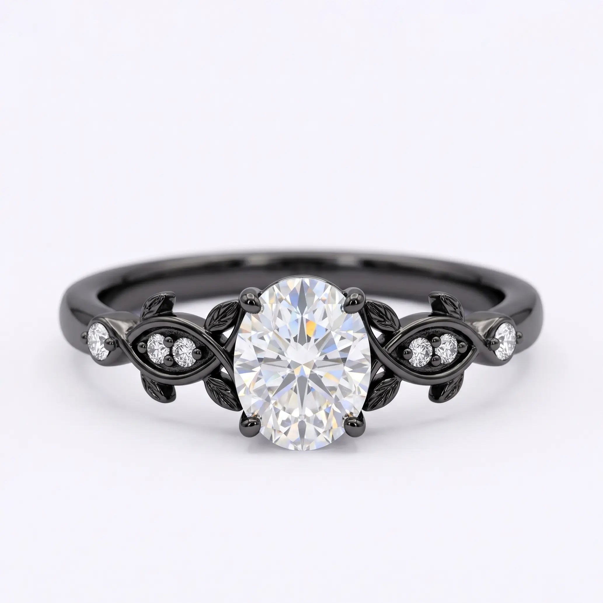Handcrafted oval moissanite twisted leaf black gold engagement ring - Vespera by Orleone