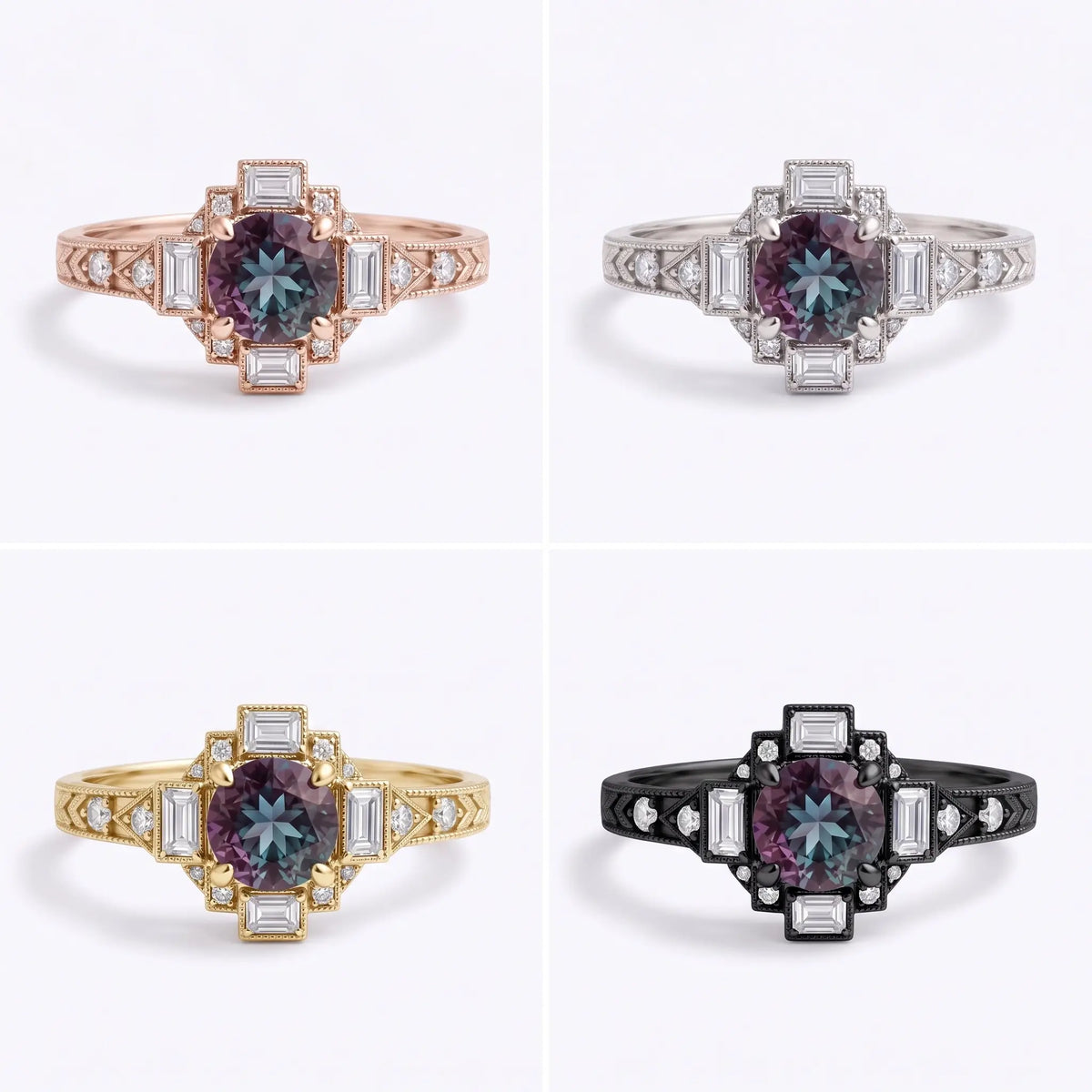 Vintage round alexandrite engagement ring displayed in yellow gold white gold rose gold and black gold finishes