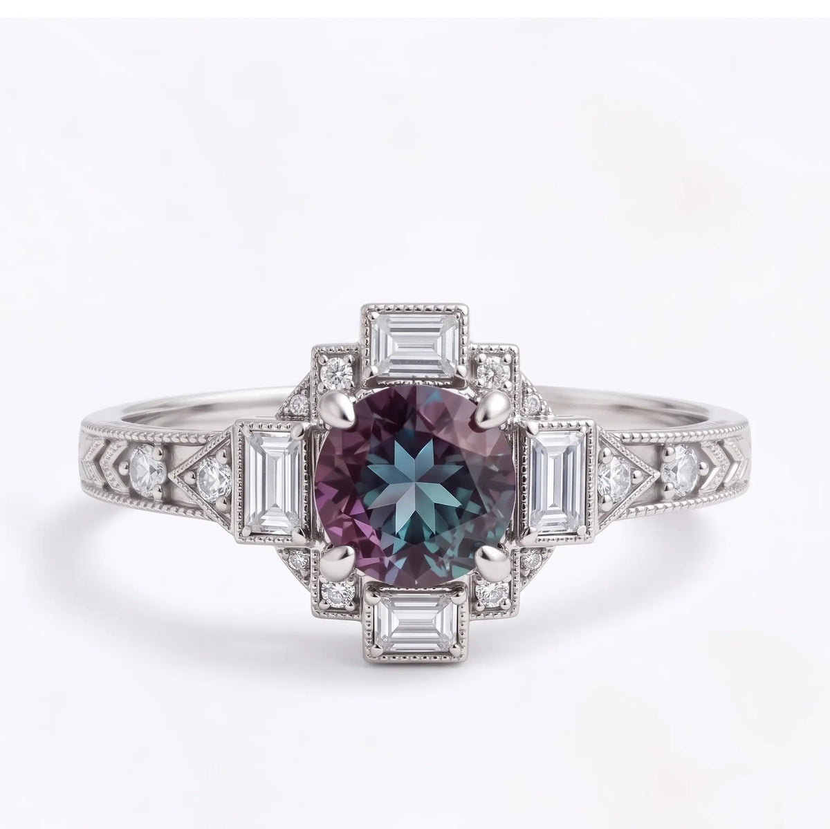 Vintage Art Deco round lab alexandrite cluster engagement ring with rectangular and round moissanite accents in white gold