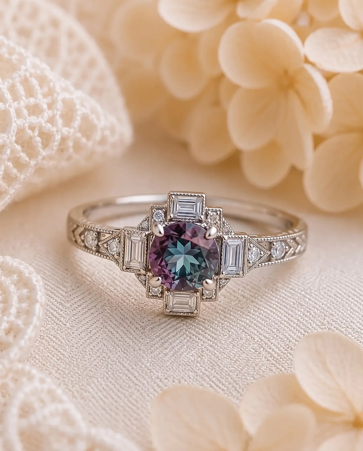 Detailed chevron engraving and milgrain borders along the shoulders of a vintage Art Deco white gold engagement ring