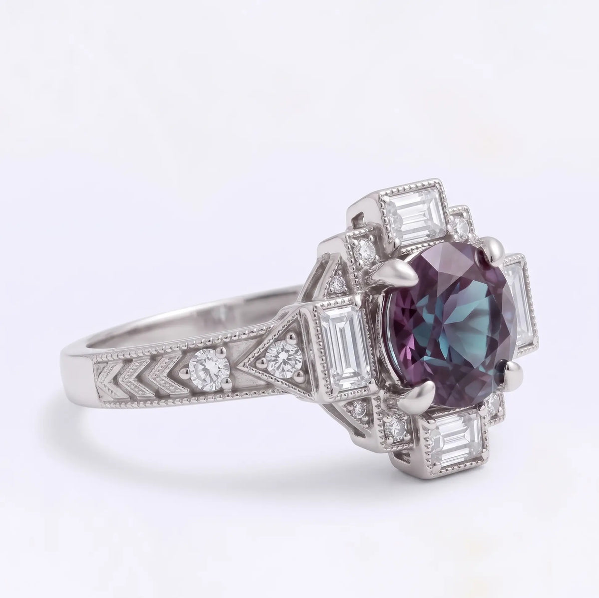 Front view of round color changing lab alexandrite engagement ring with symmetrical Art Deco geometric cluster setting