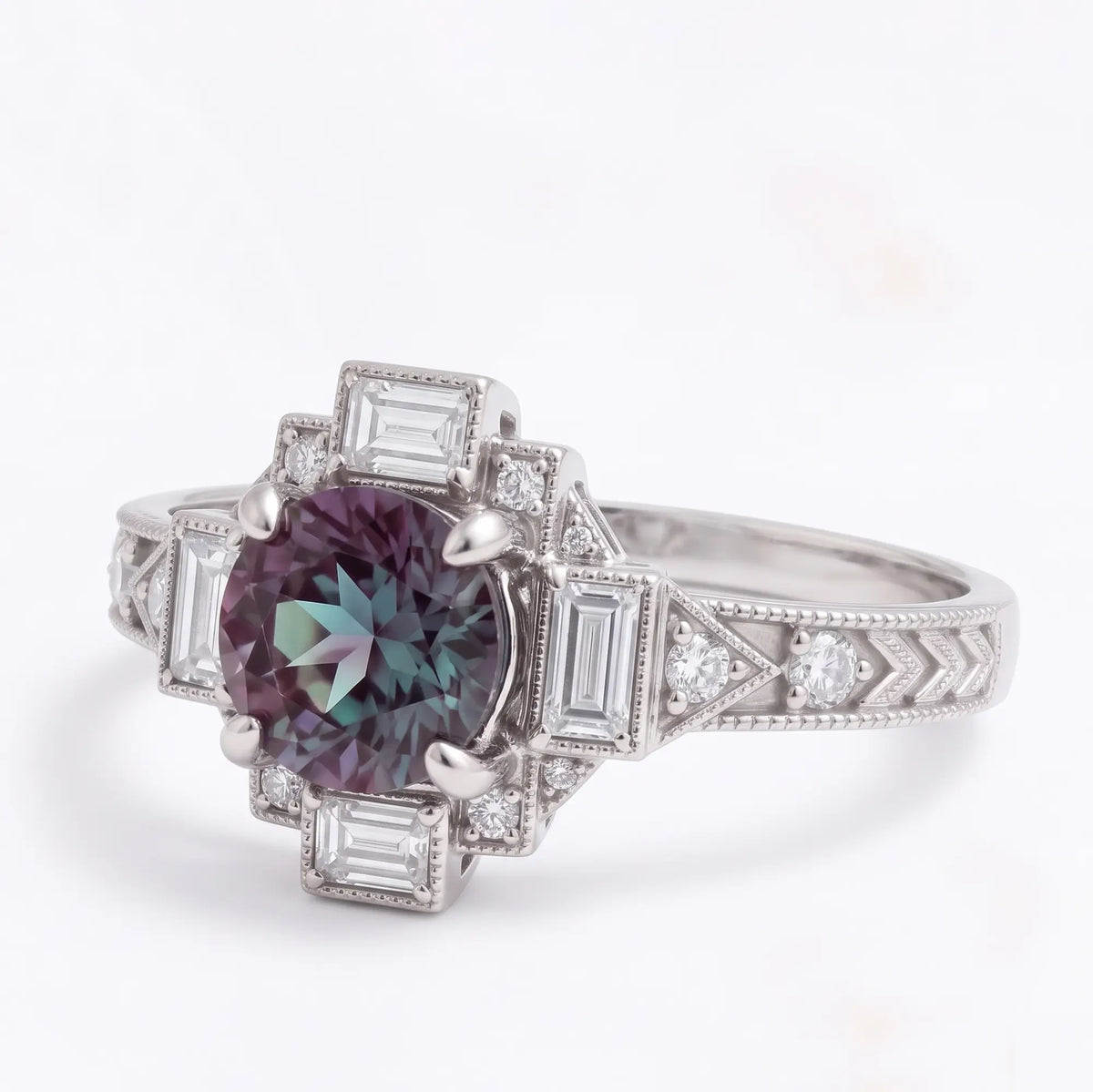 Three quarter view of vintage alexandrite engagement ring showing geometric moissanite accents and detailed gold craftsmanship