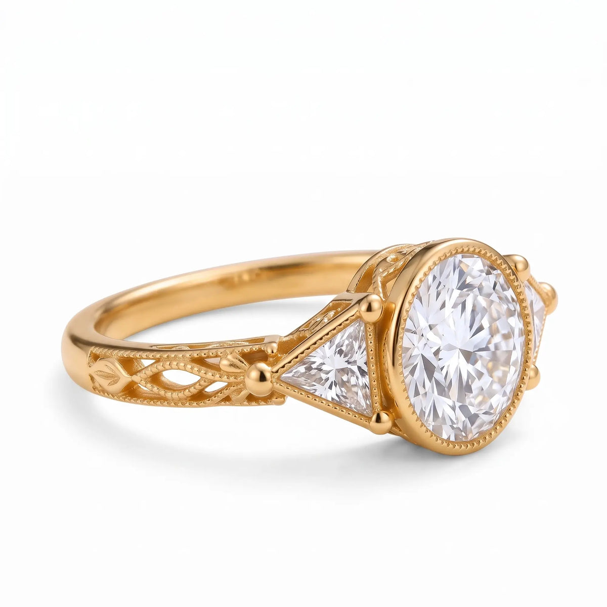 Three-quarter view of vintage nature-inspired moissanite engagement ring with openwork leaf and vine shoulders