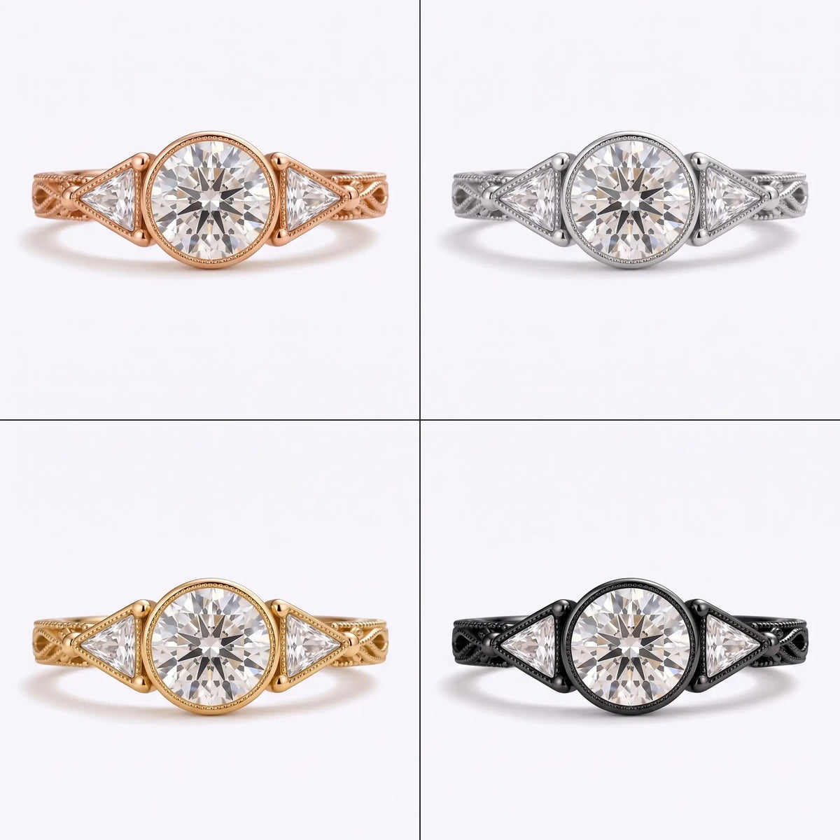 Round moissanite botanical three-stone engagement ring shown in available gold options