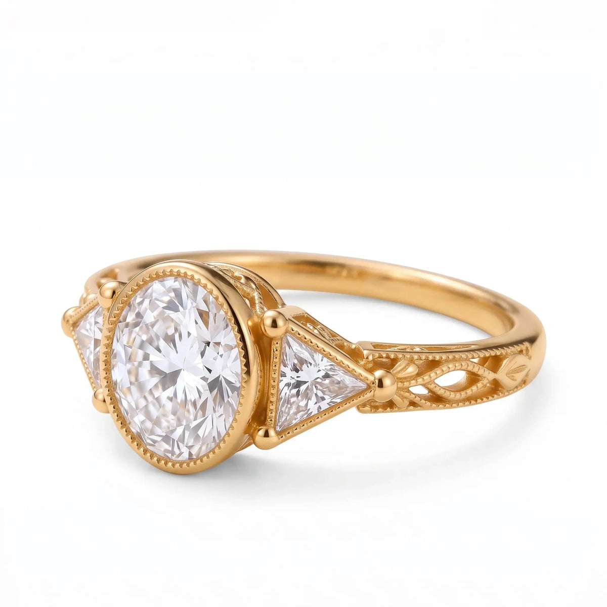 Side view of bezel-set round moissanite engagement ring with delicate vintage gold band
