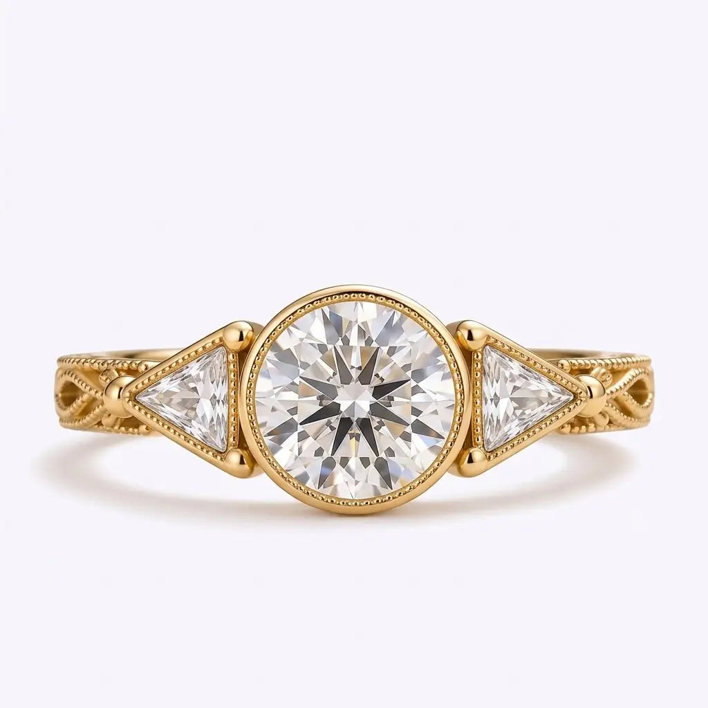 Vintage round moissanite bezel engagement ring with triangle side stones and openwork leaf details in yellow gold