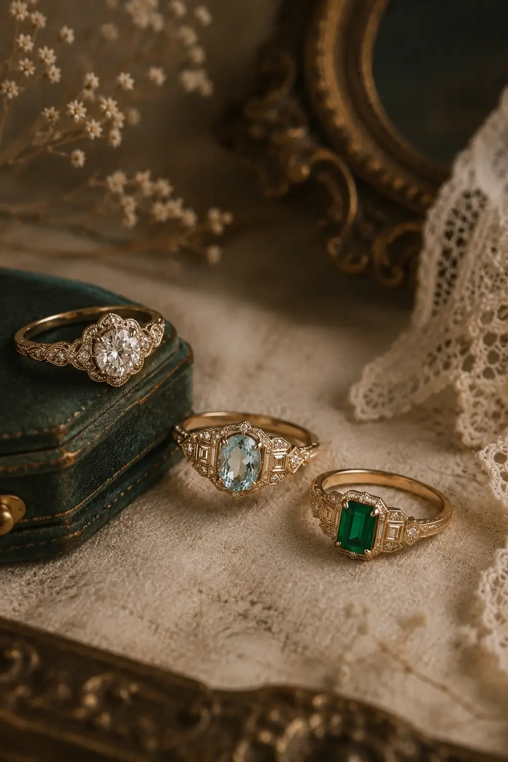 Vintage engagement rings with geometric Art Deco details and architectural gemstone settings