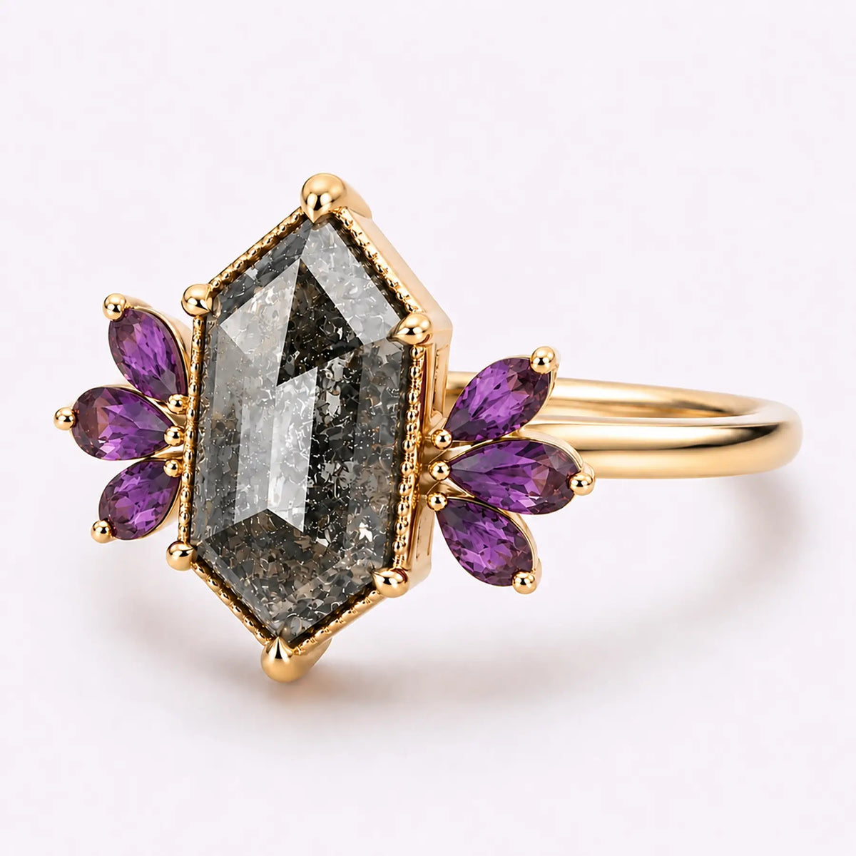 Left view of salt and pepper diamond ring with amethyst petal cluster accents