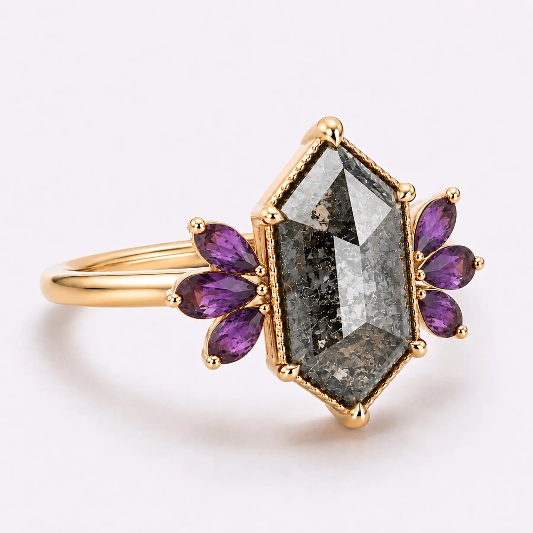 Side view of floral cluster engagement ring with a slim solid gold band