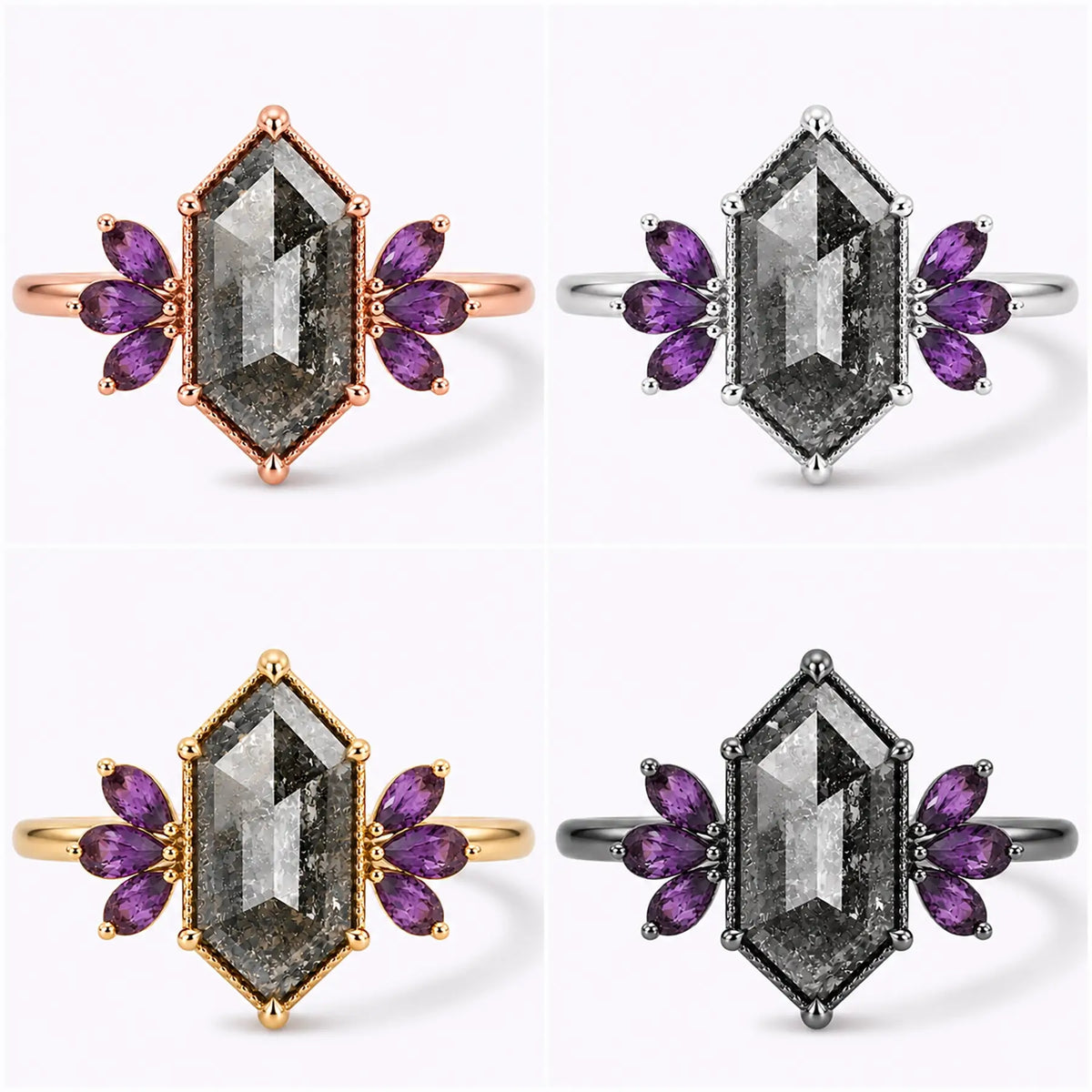 Salt and pepper diamond floral cluster ring in black, white, rose, and yellow gold