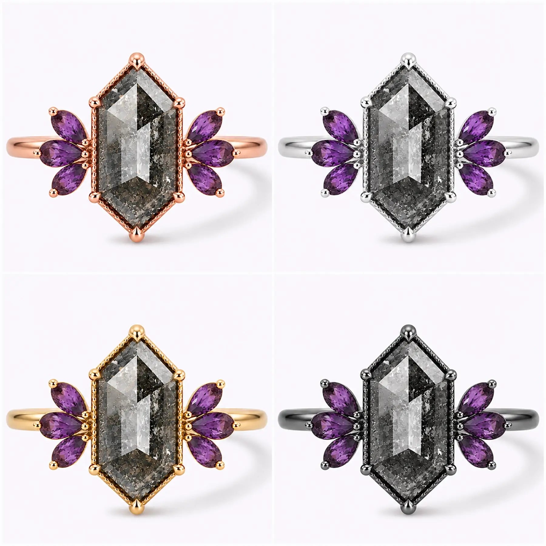 Salt and pepper diamond floral cluster ring in black, white, rose, and yellow gold