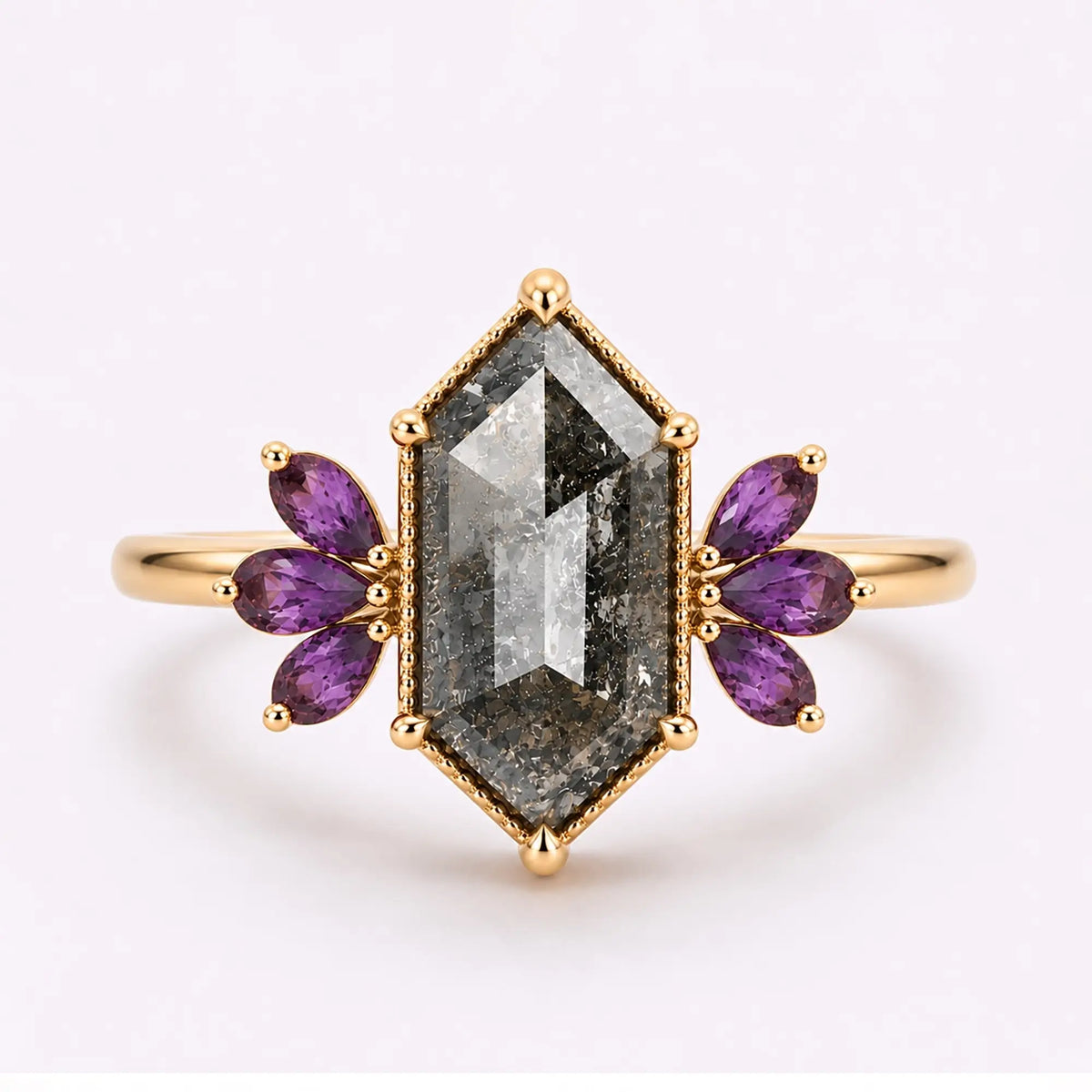 Elongated hexagon salt and pepper diamond floral cluster engagement ring in yellow gold