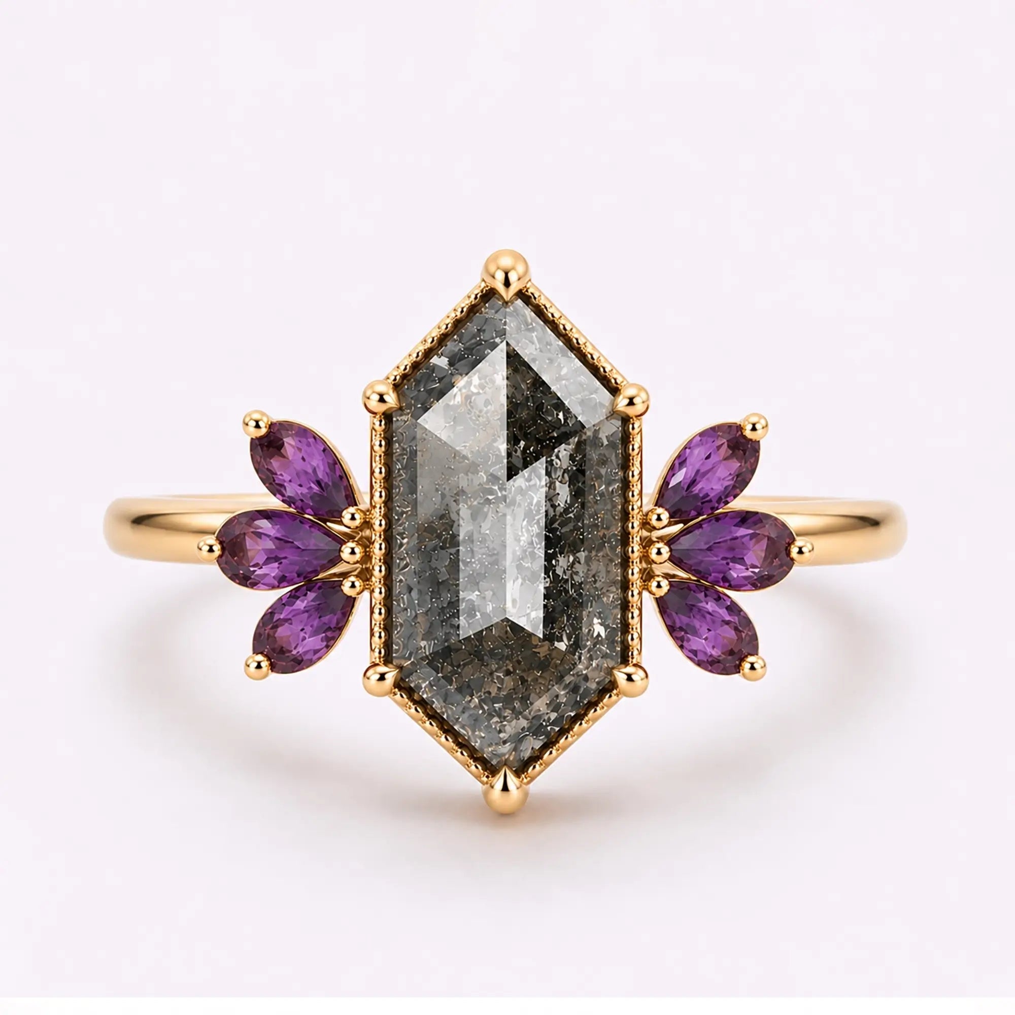 Elongated hexagon salt and pepper diamond floral cluster engagement ring in yellow gold