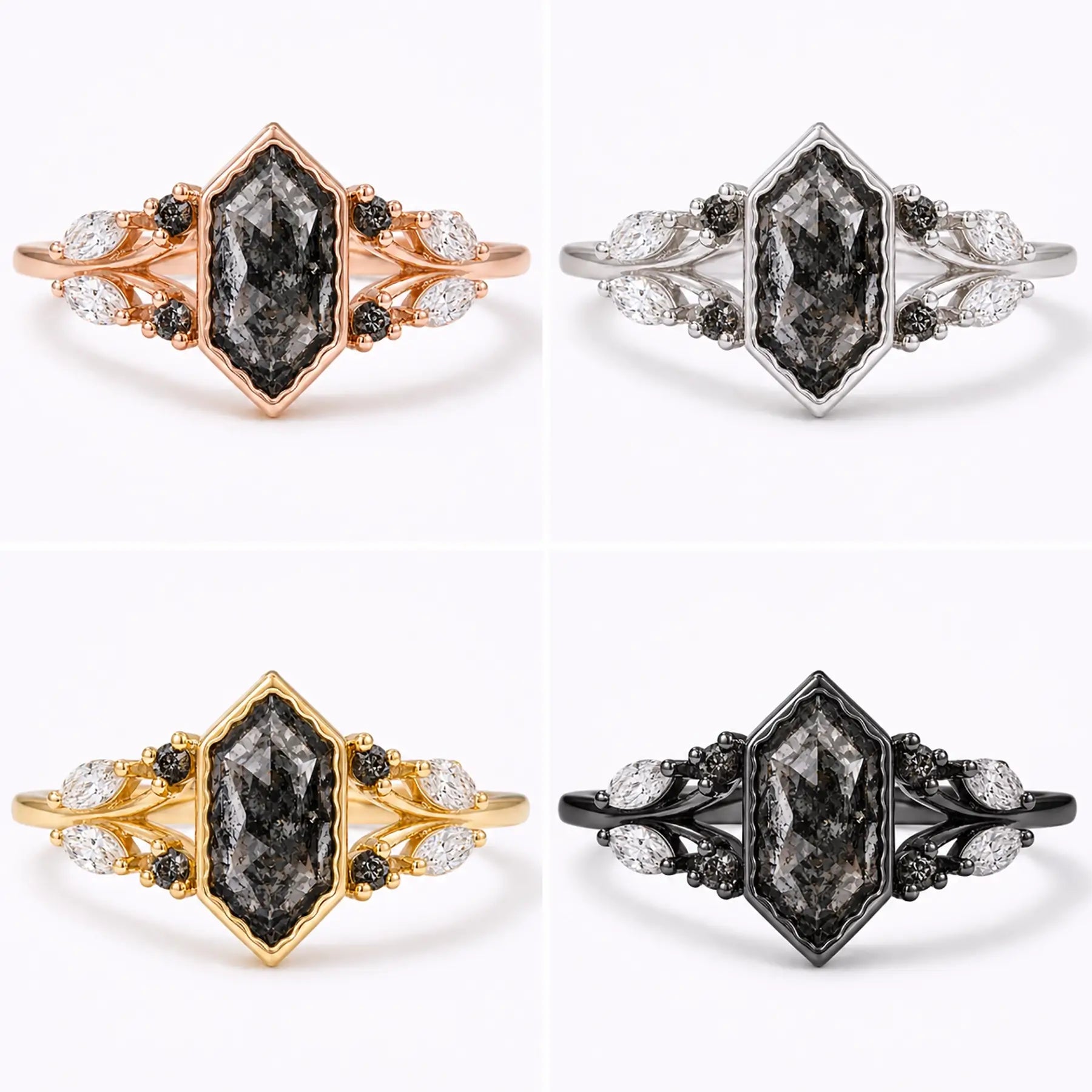 Close-up of natural salt and pepper diamond center stone with marquise and round diamond accents