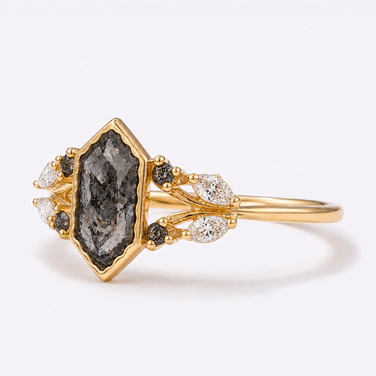 Left view of salt and pepper diamond ring with marquise diamond leaf accents