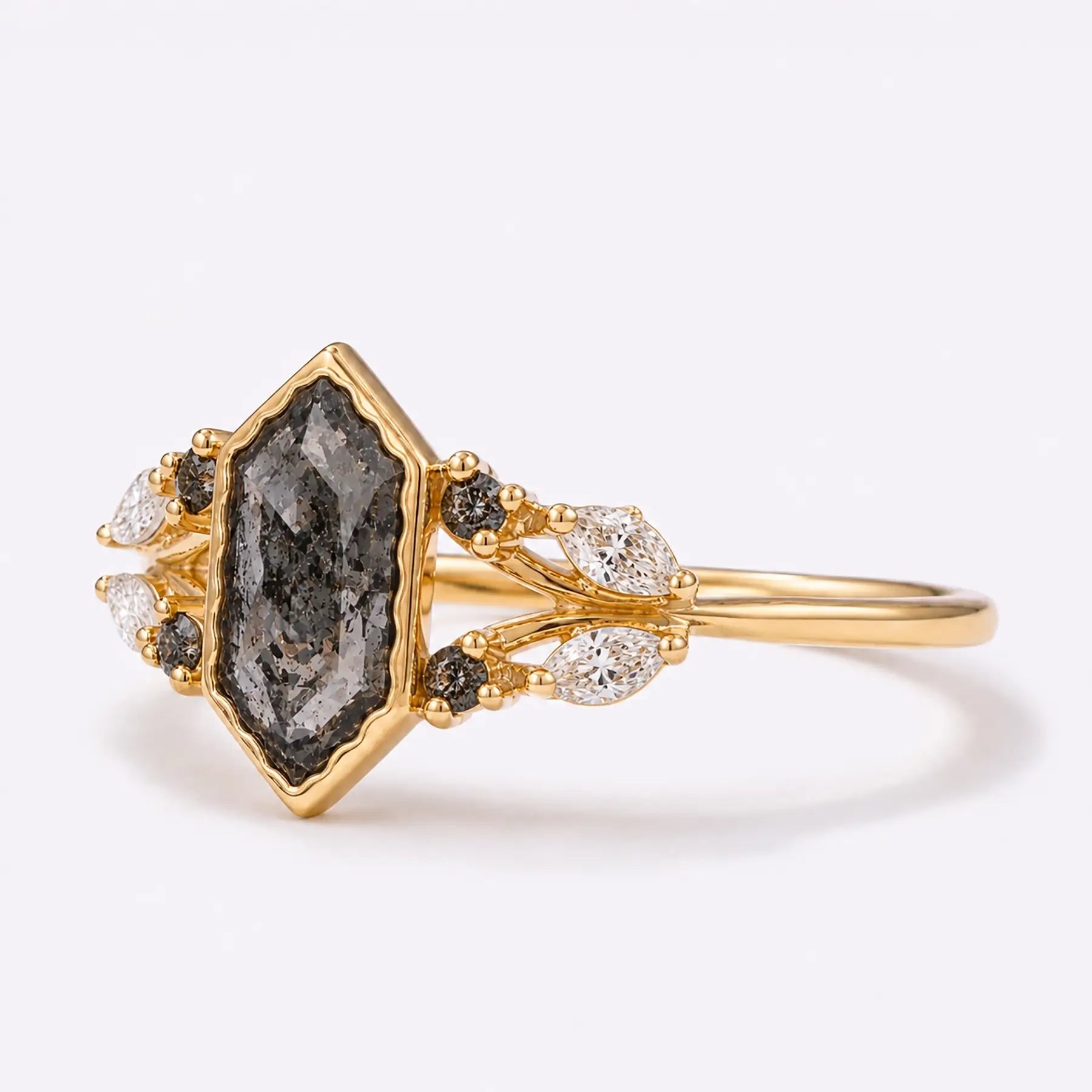 Left view of salt and pepper diamond ring with marquise diamond leaf accents