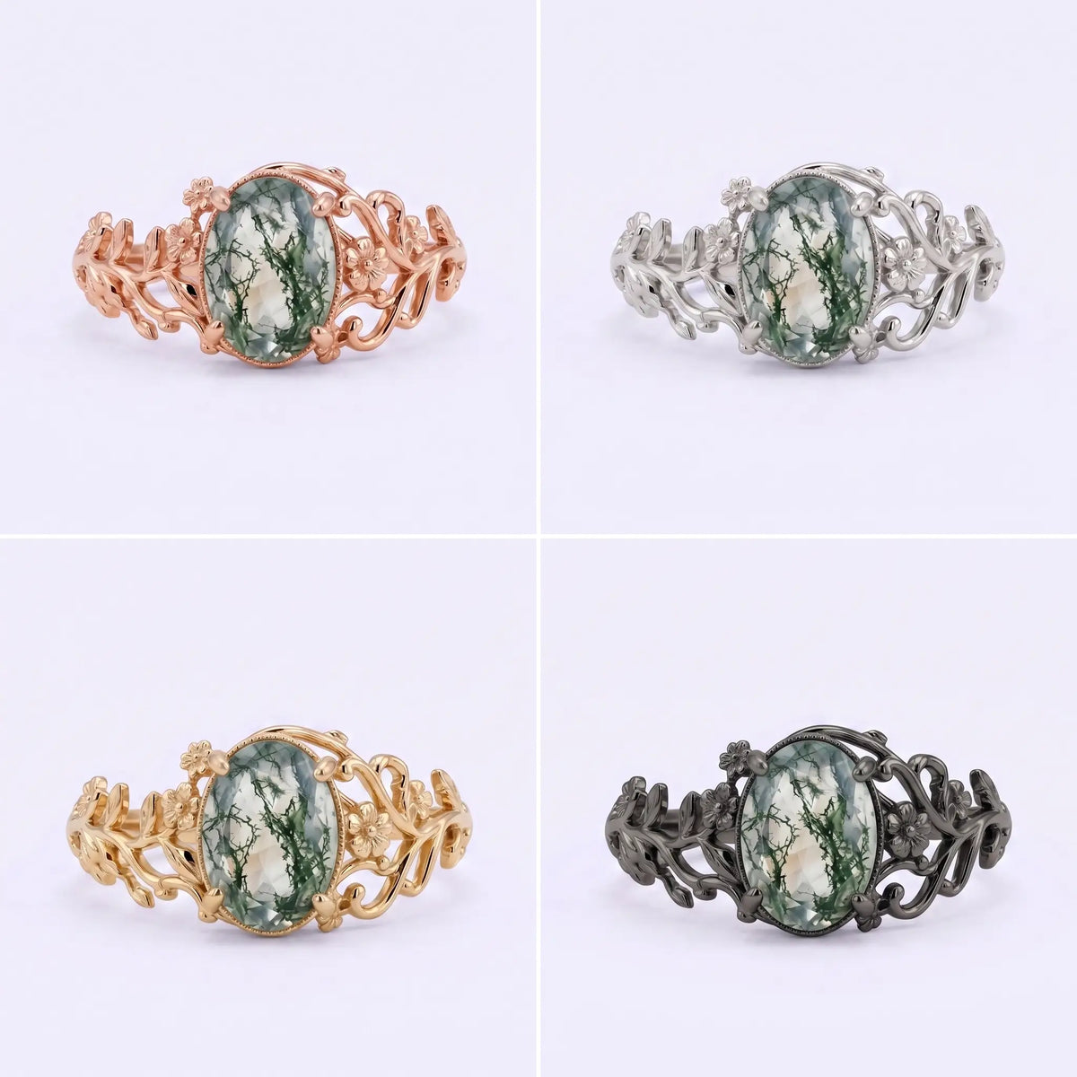 Oval moss agate botanical ring shown in black gold, white gold, rose gold, and yellow gold