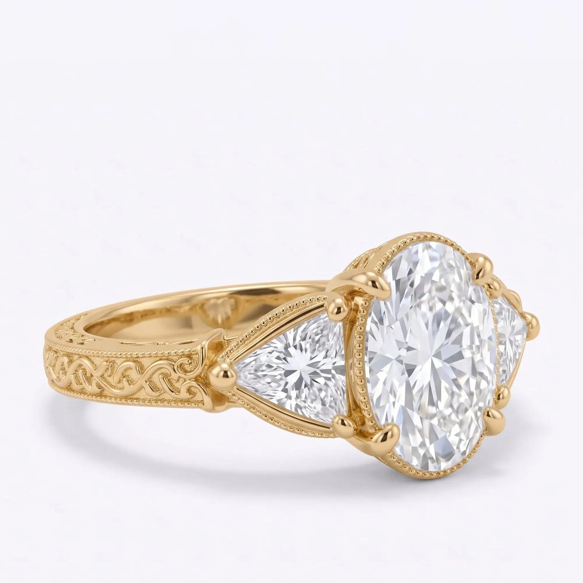 Side view of a vintage oval moissanite engagement ring with detailed sculptural goldwork