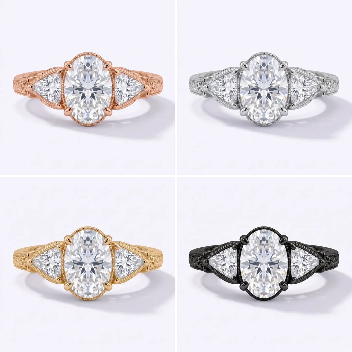 Vintage oval moissanite three stone engagement ring shown in available solid gold finishes