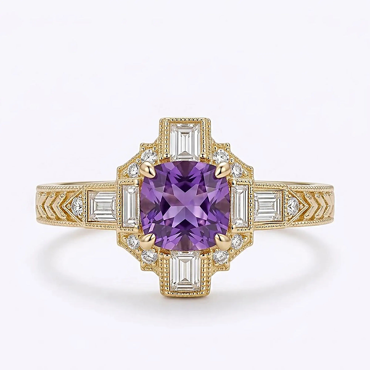 Vintage Art Deco cushion cut lab alexandrite cluster engagement ring with geometric baguette and round moissanite accents in yellow gold