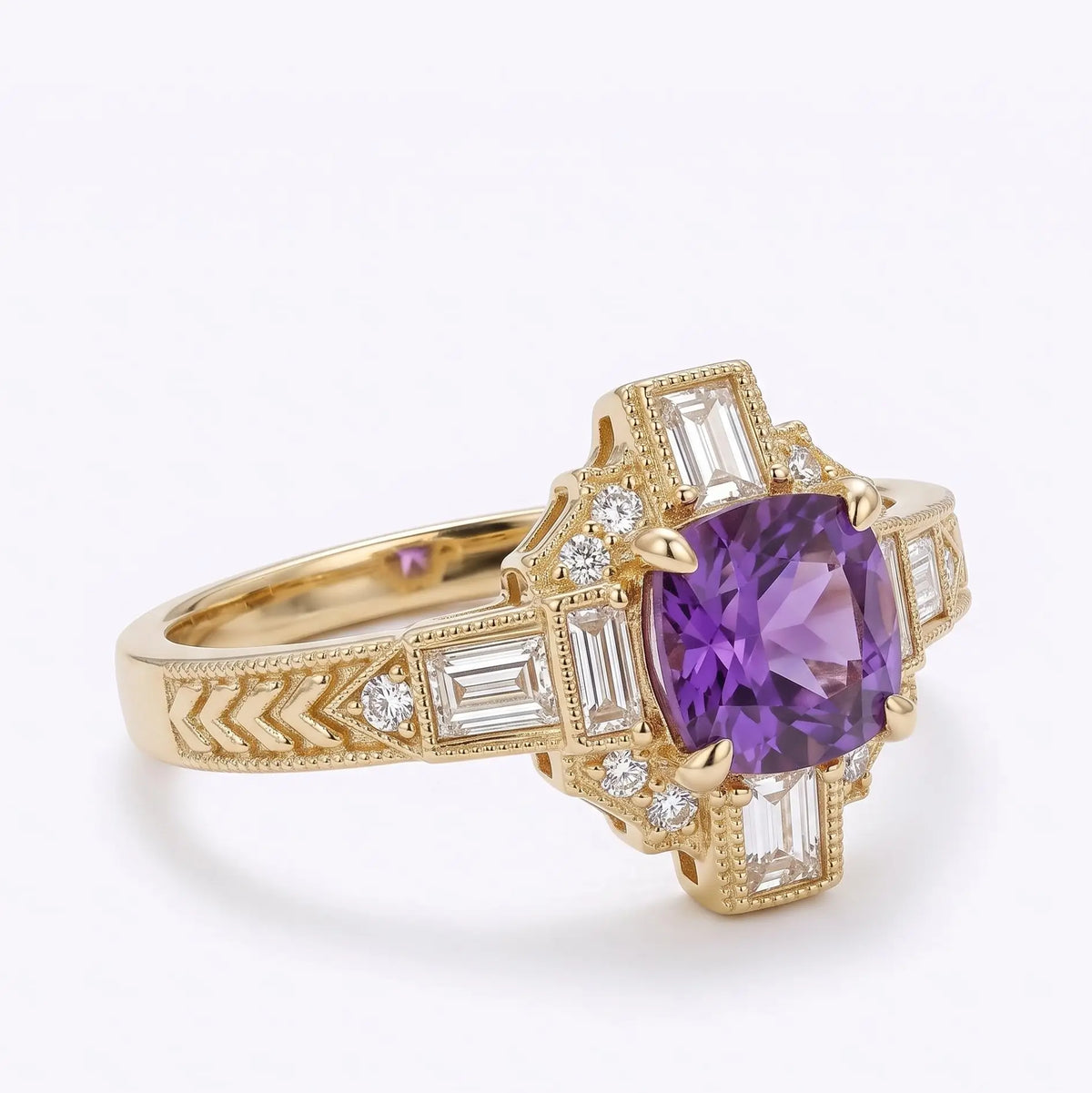 Side profile of an Art Deco cushion alexandrite engagement ring showing its raised setting and stepped moissanite accents
