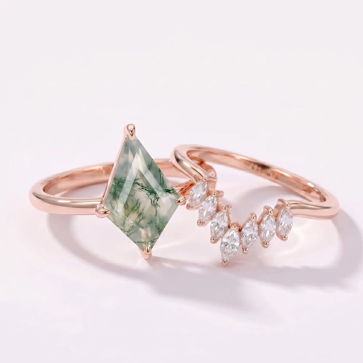 Artisanal V-shaped chevron wedding band and solid gold kite-cut natural moss agate solitaire engagement ring