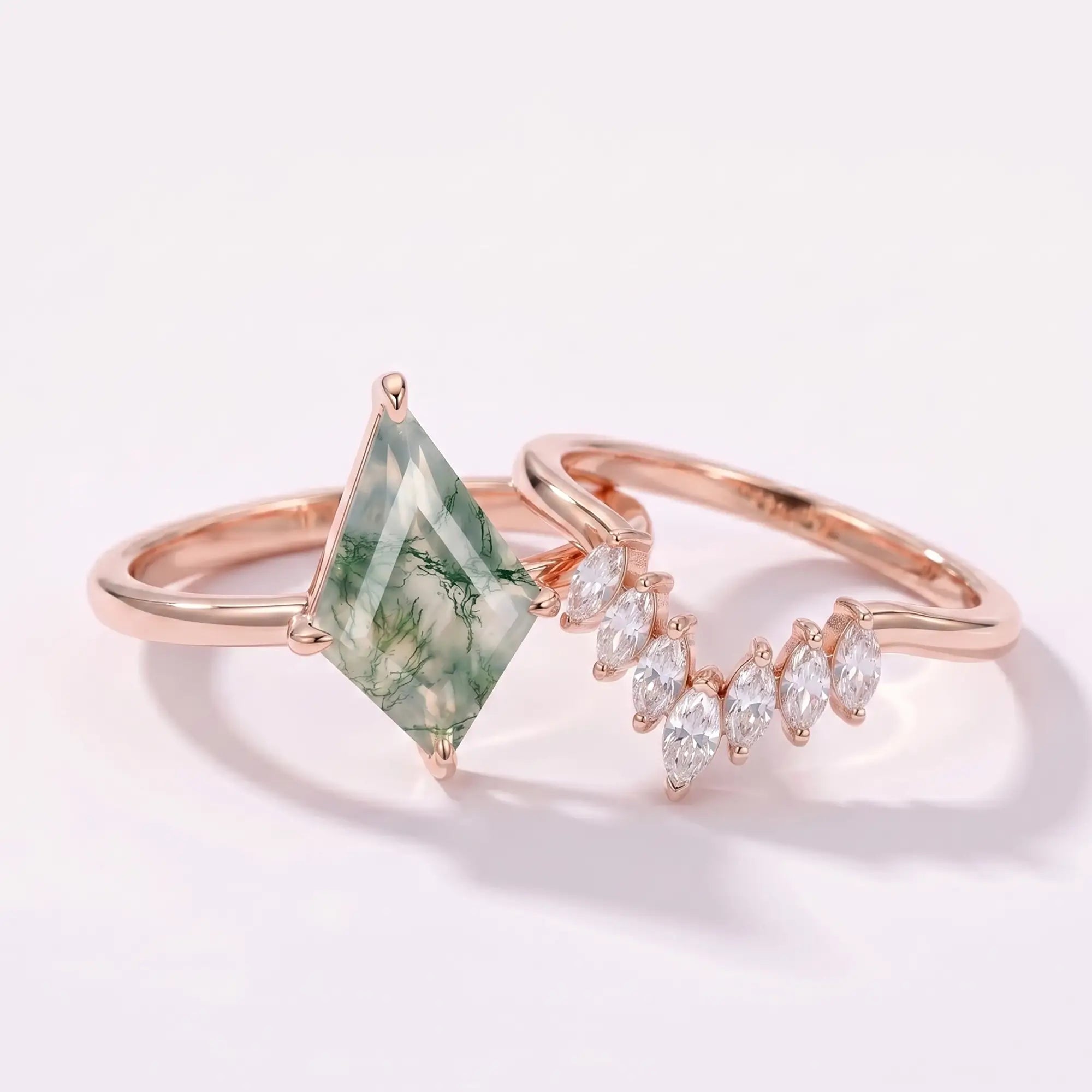 Artisanal V-shaped chevron wedding band and solid gold kite-cut natural moss agate solitaire engagement ring