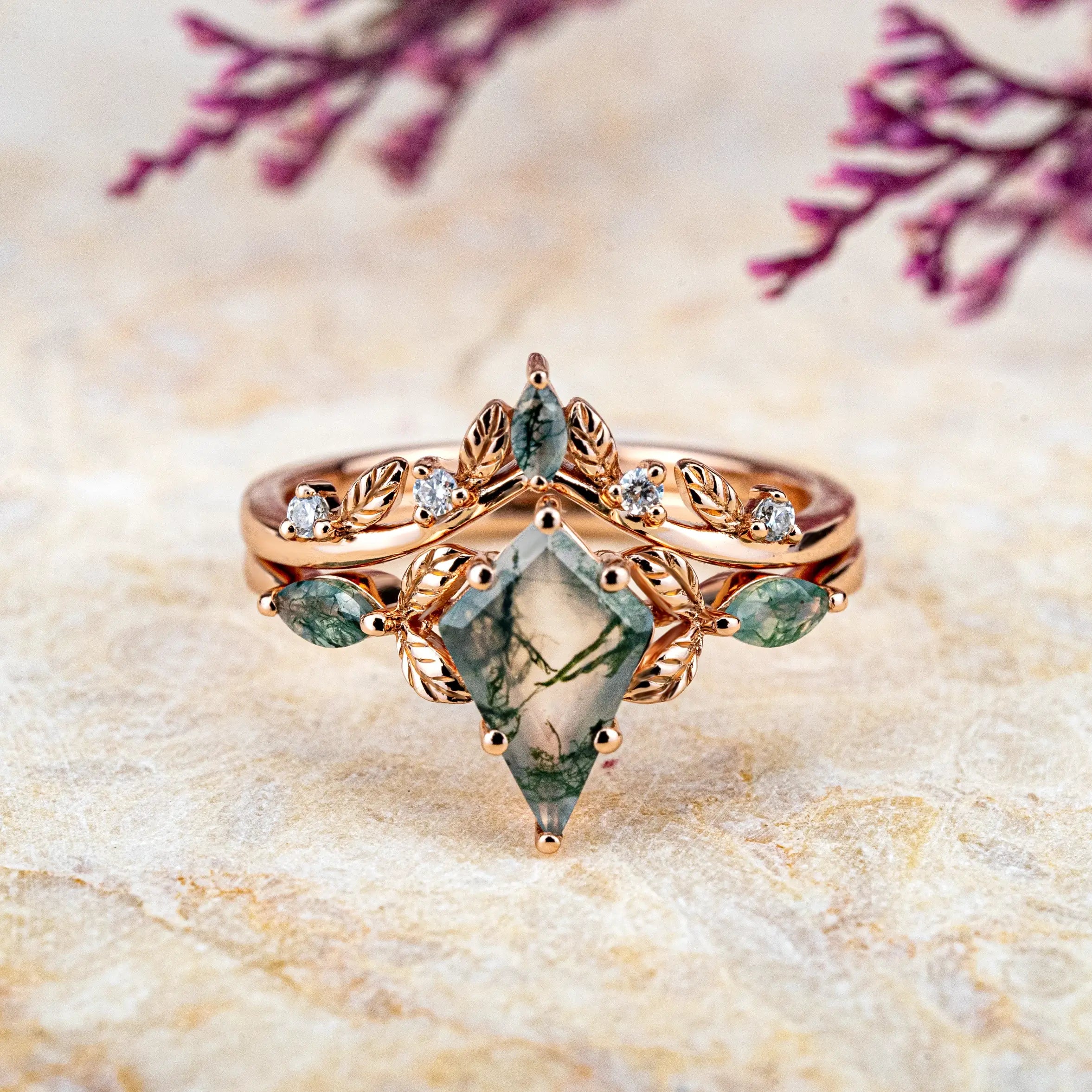 Kite Cut Moss Agate Engagement Ring Set – Nature-Inspired Elegance Unique Leaf Type Design