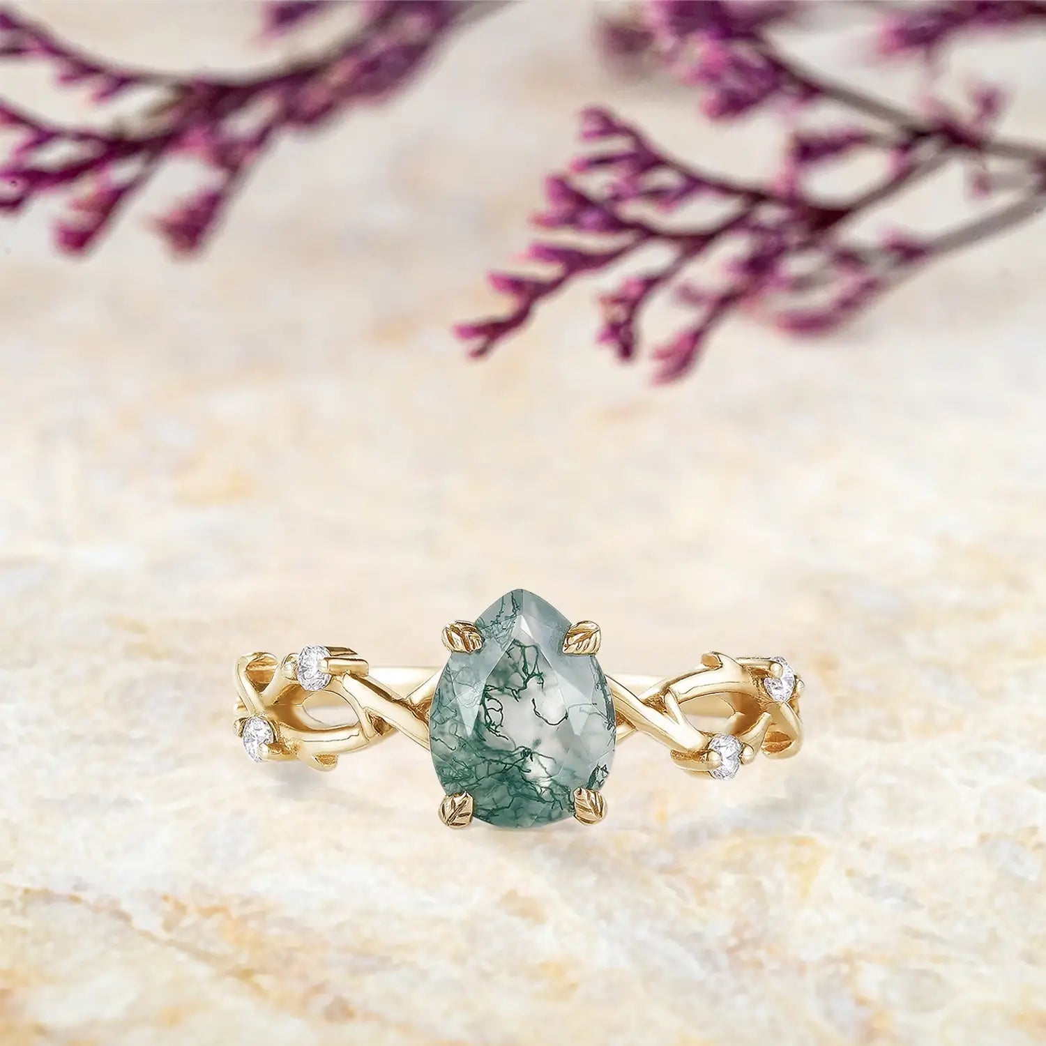 Pear Cut Moss Agate Vine Leaf Engagement Ring Custom womens promise art deco ring
