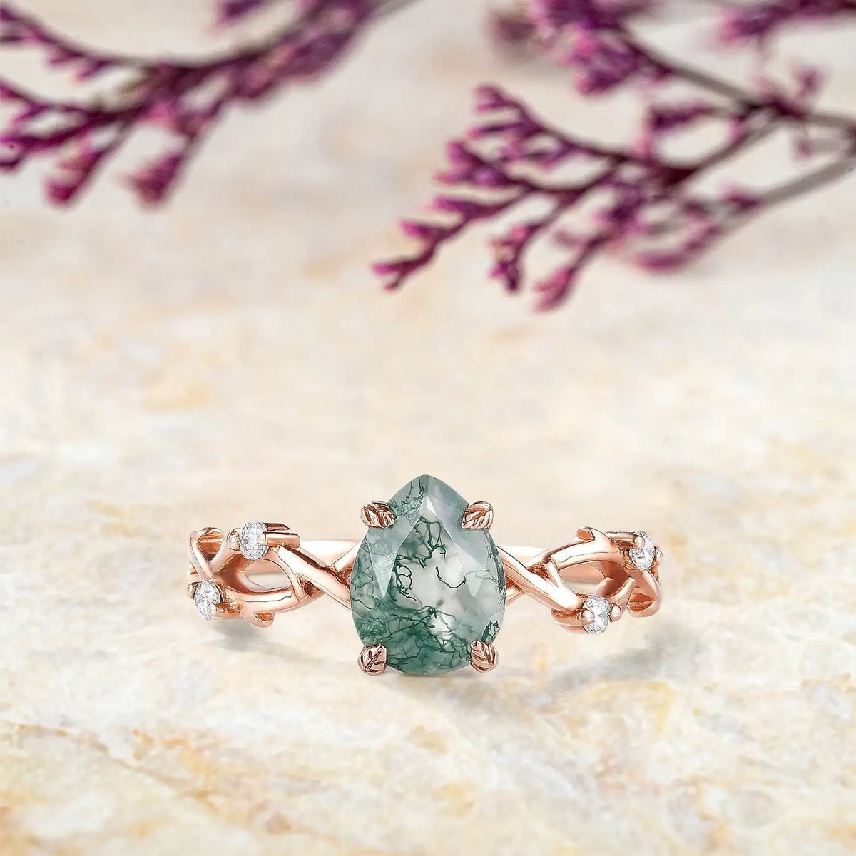 Pear Cut Moss Agate Vine Leaf Engagement Ring Custom womens promise art deco ring