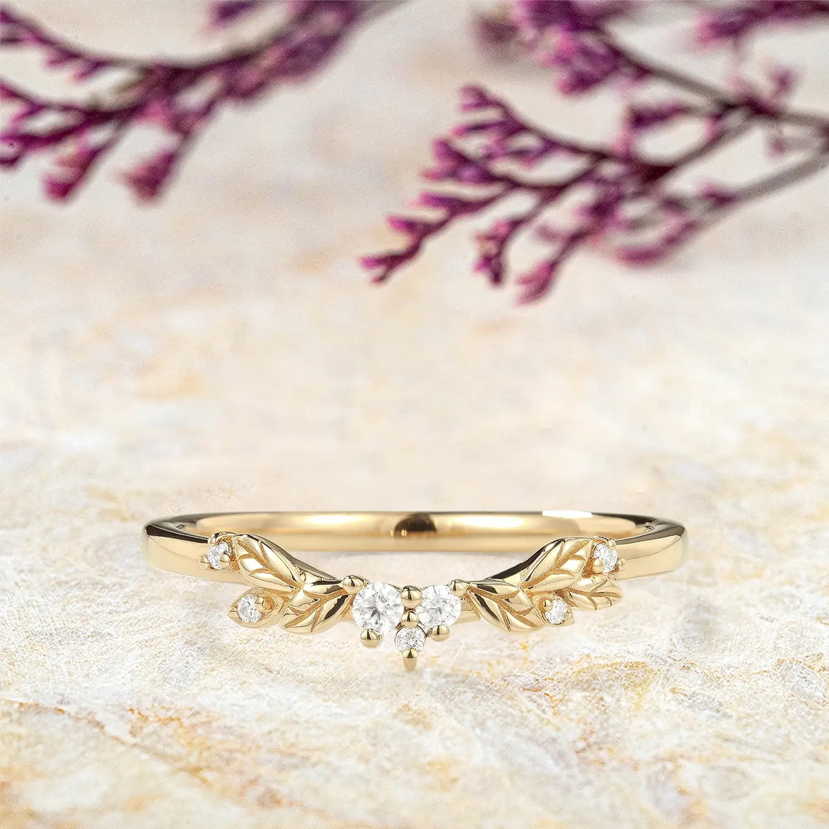 Whispers of Nature Moissanite Wedding Band – Delicate Leaf Design | orleone