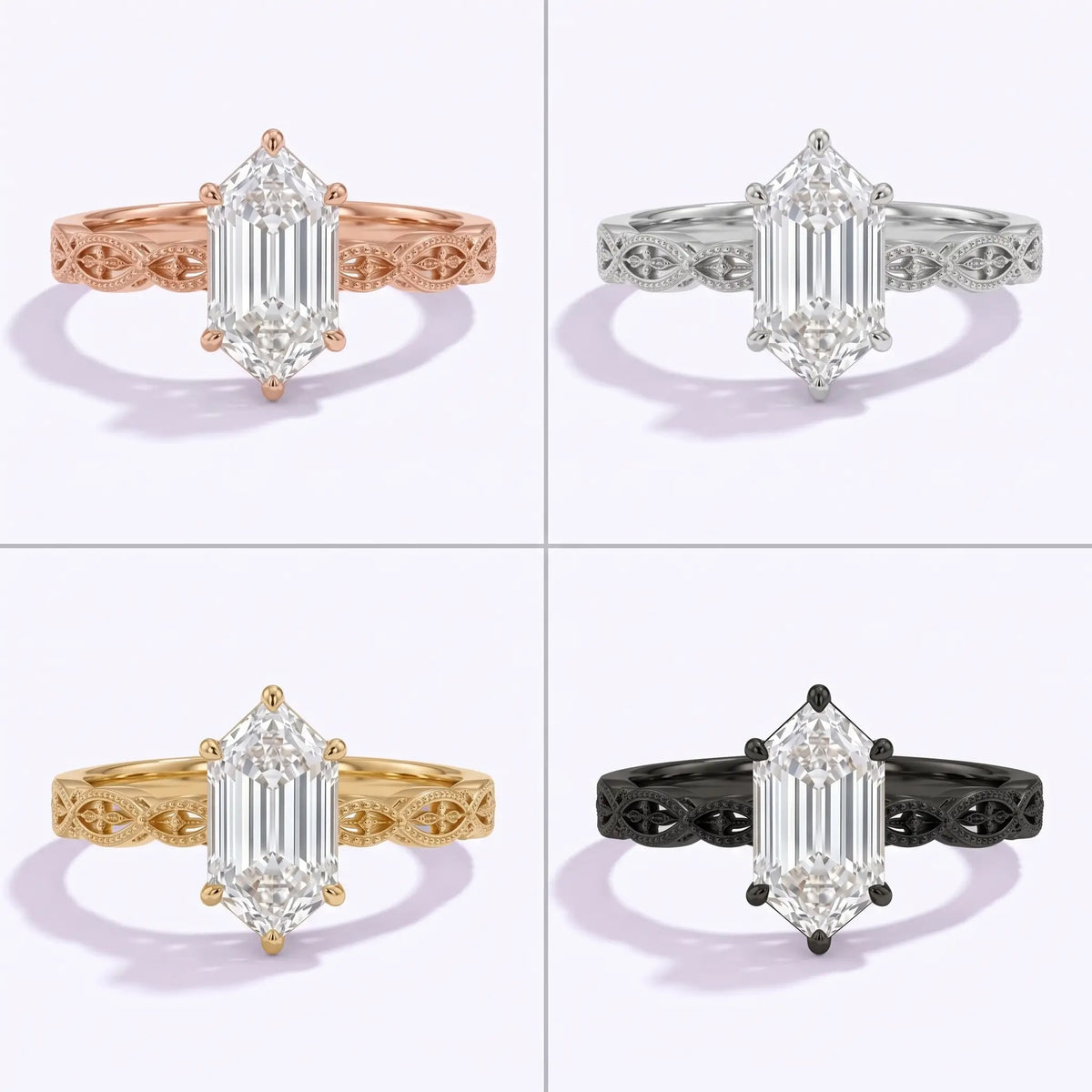 Orlevienne elongated hexagon moissanite engagement ring shown in four available metal color options