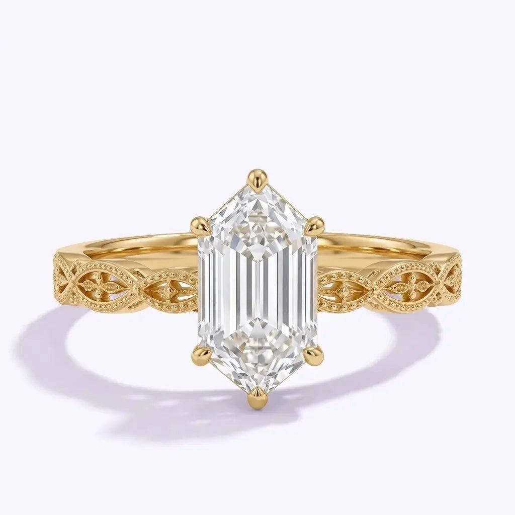 Front view of Orlevienne 5×9 mm elongated hexagon moissanite engagement ring with six-prong solitaire setting
