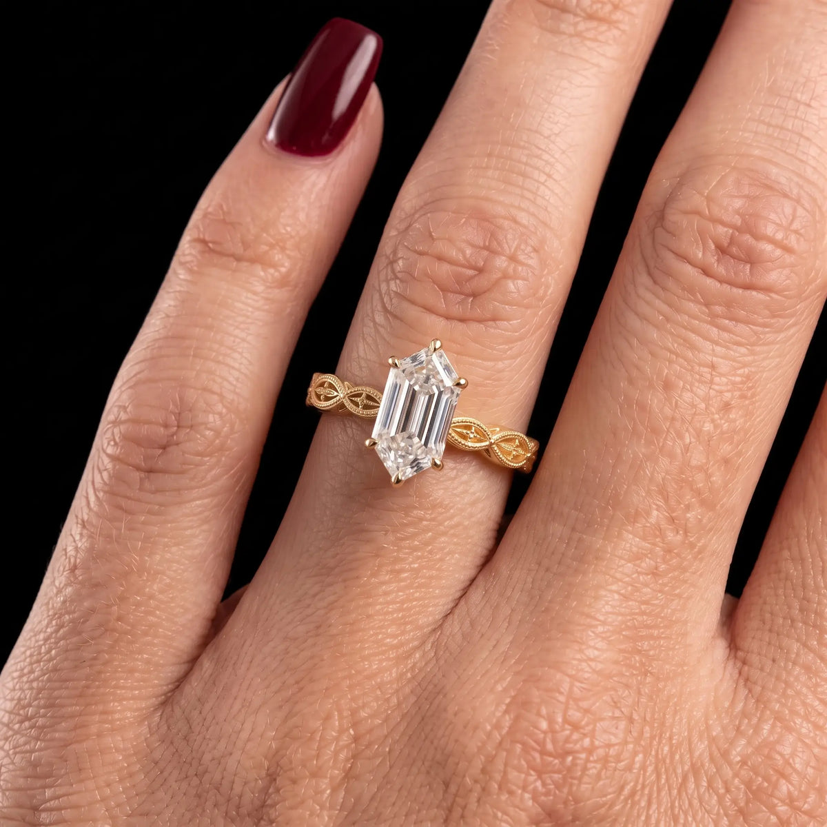 Front view of Orlevienne 5×9 mm elongated hexagon moissanite engagement ring with six-prong solitaire setting for women laides

