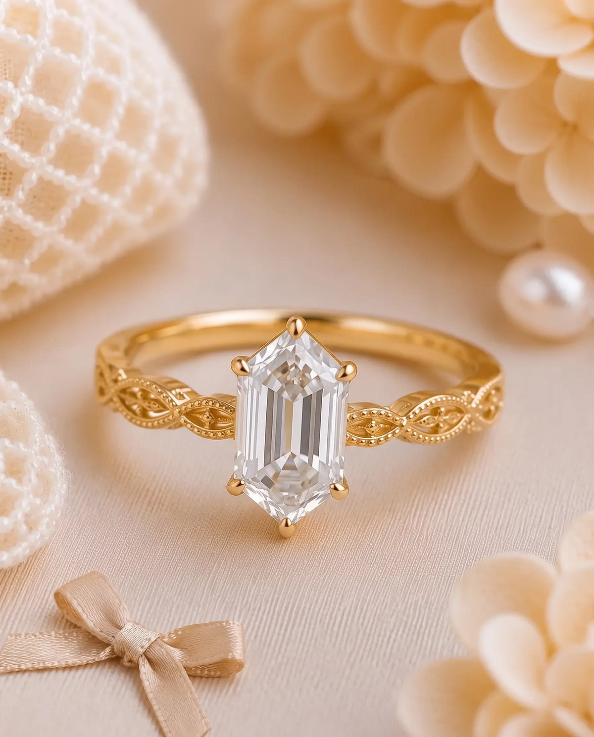 Orlevienne vintage elongated hexagon moissanite solitaire ring styled in a realistic romantic lifestyle scene
