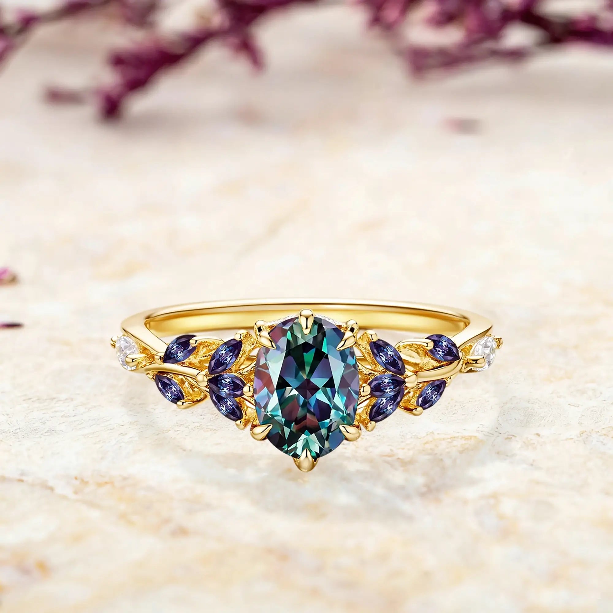 oval alexandrite floral engagement ring marquise leaf design unique nature inspired handmade ring for women