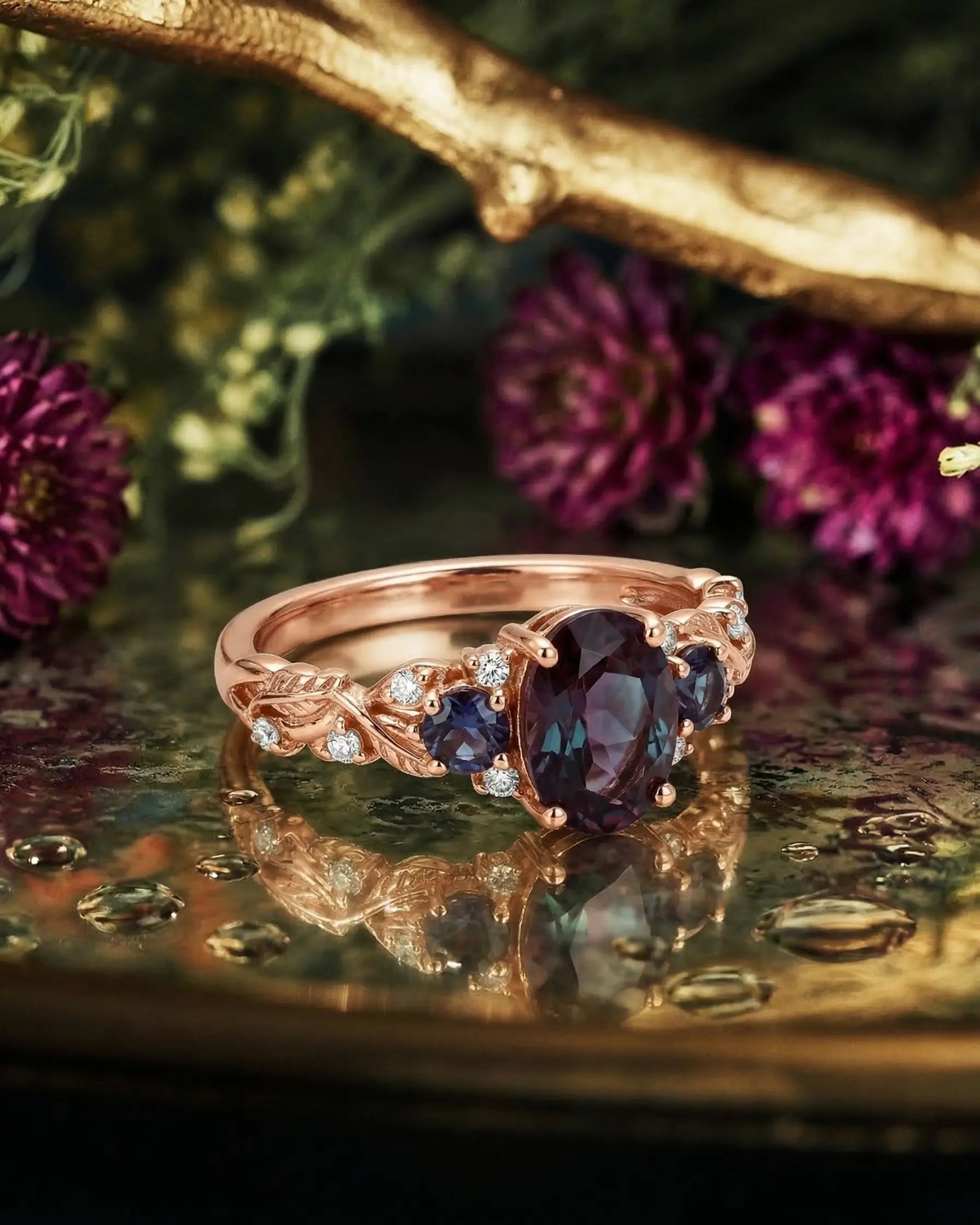 vintage alexandrite leaf engagement ring with botanical band and moissanite stones in solid gold