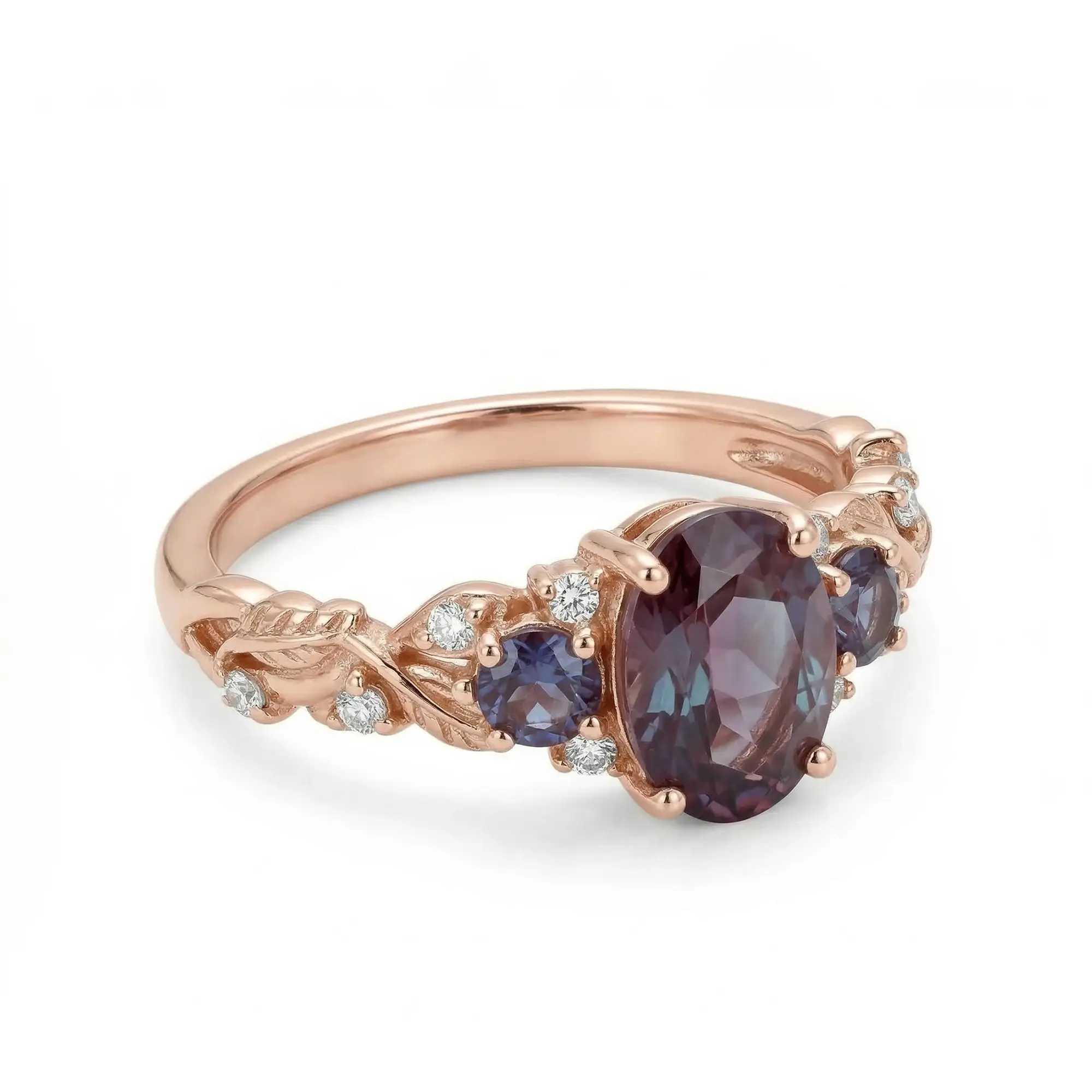 oval alexandrite engagement ring close up showing leaf vine band and sparkling moissanite accents