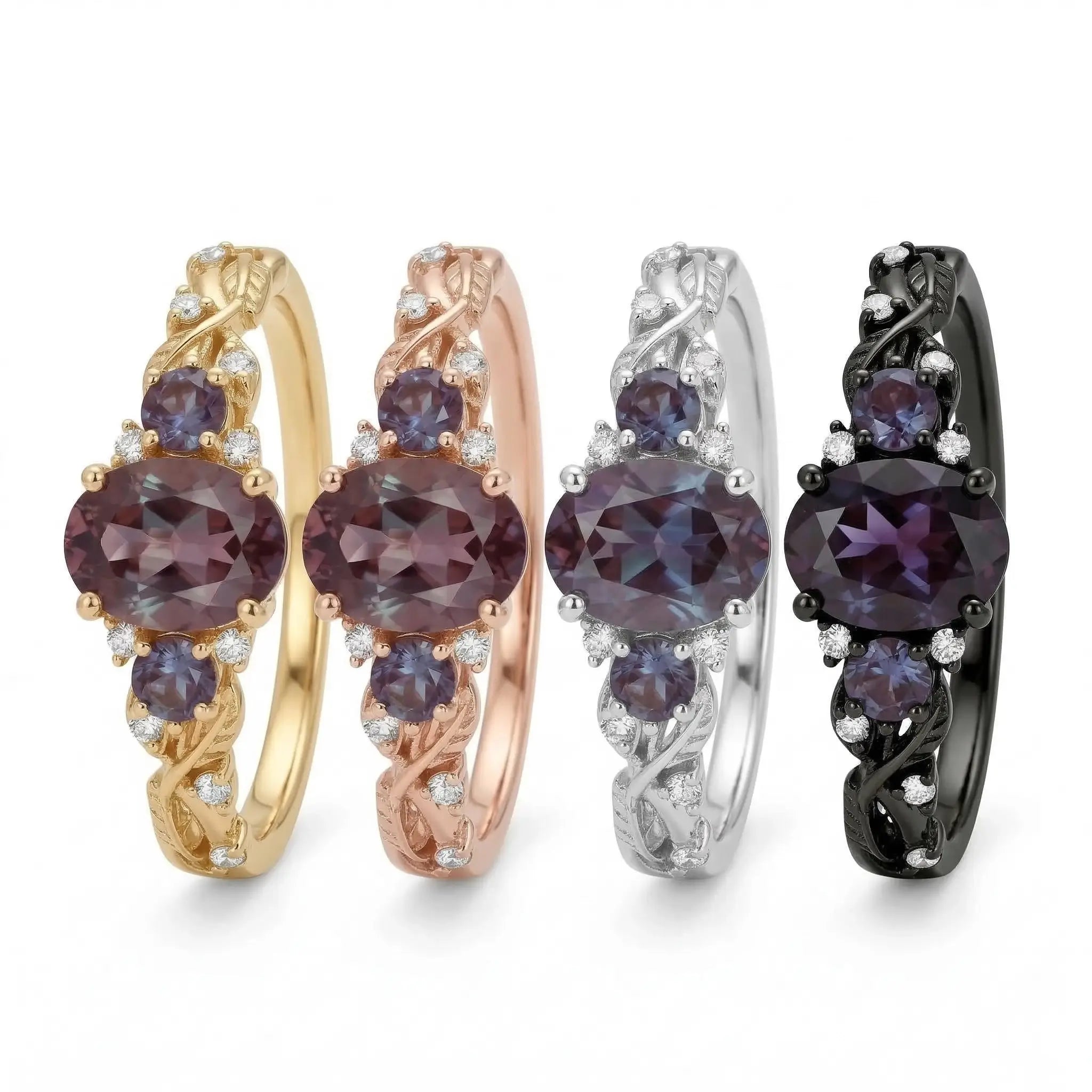 oval alexandrite vintage leaf engagement ring nature inspired three stone cluster ring 4color jewelry orleone