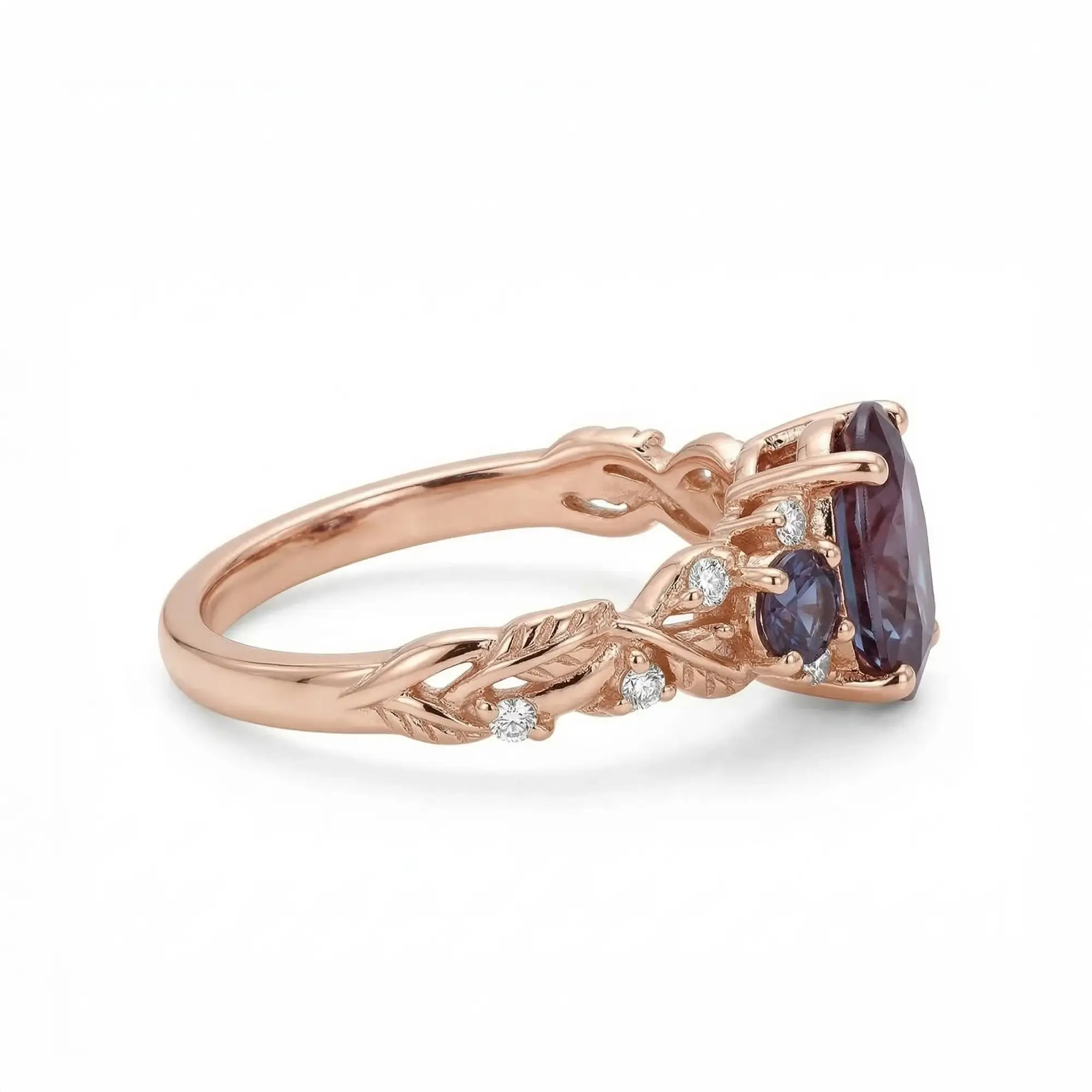 vintage alexandrite leaf engagement ring with botanical band and moissanite stones in solid gold