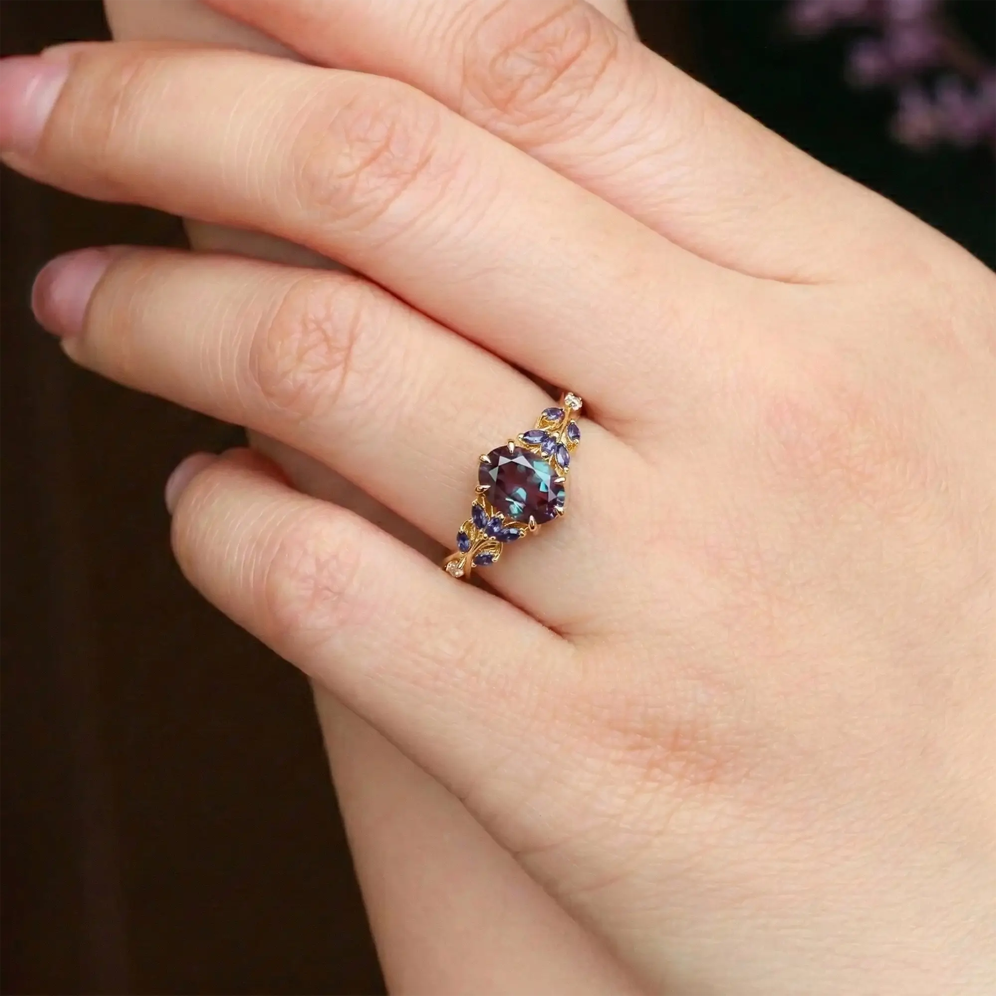 lab alexandrite oval cut engagement ring marquise leaf cluster floral design artistic unique ring for her