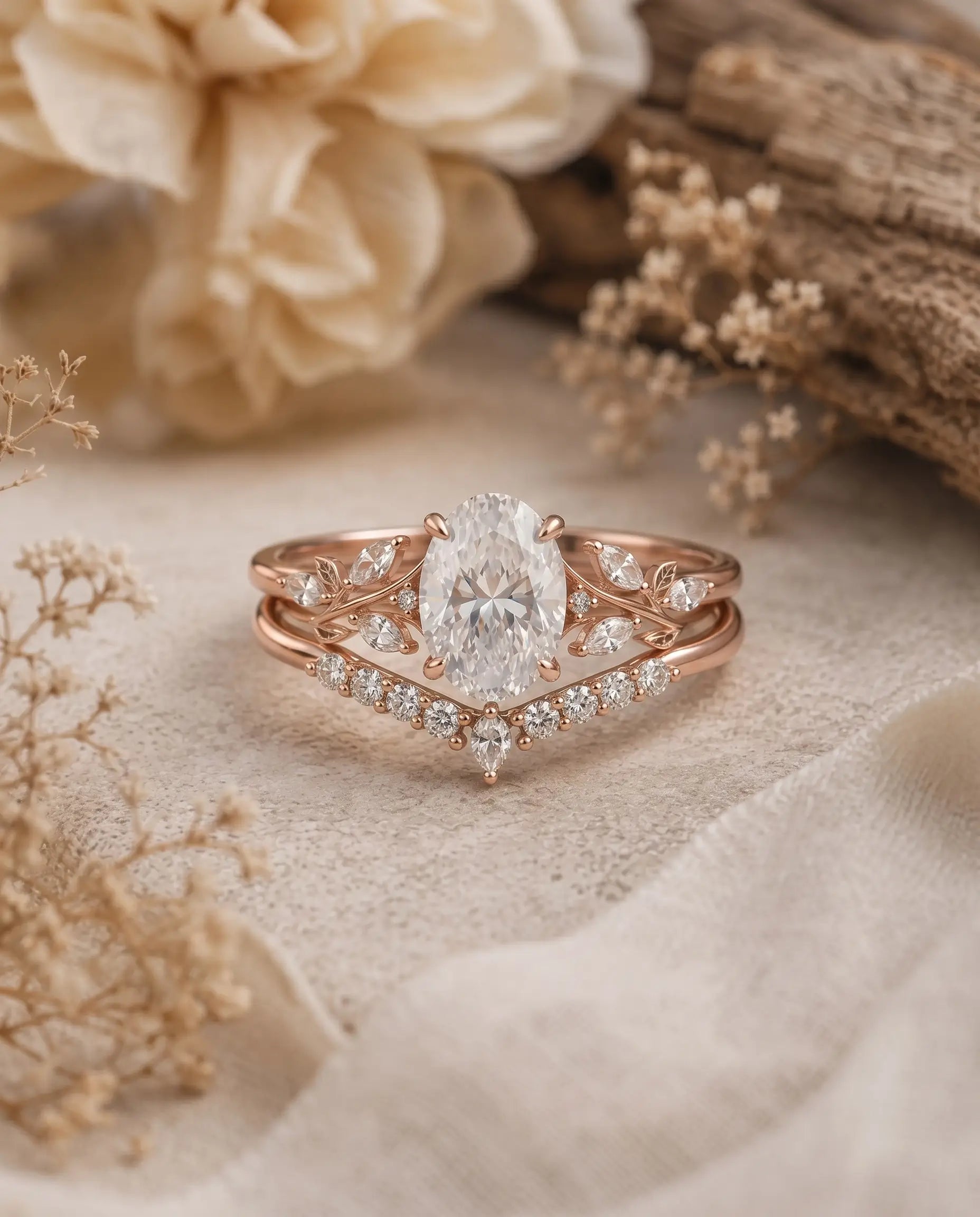 Rose gold moissanite bridal set with oval center stone and curved nesting band custom 18k jewelry